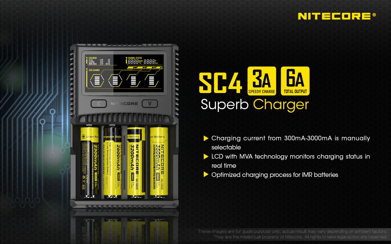 Nitecore SC4 LCD 4-Slot Smart Battery Charger for Li-ion IMR LiFePO4 Ni-MH - Fast Charging for 18650 21700 AA AAA Batteries - Perfect for Flashlights Vaping Devices and Electronics