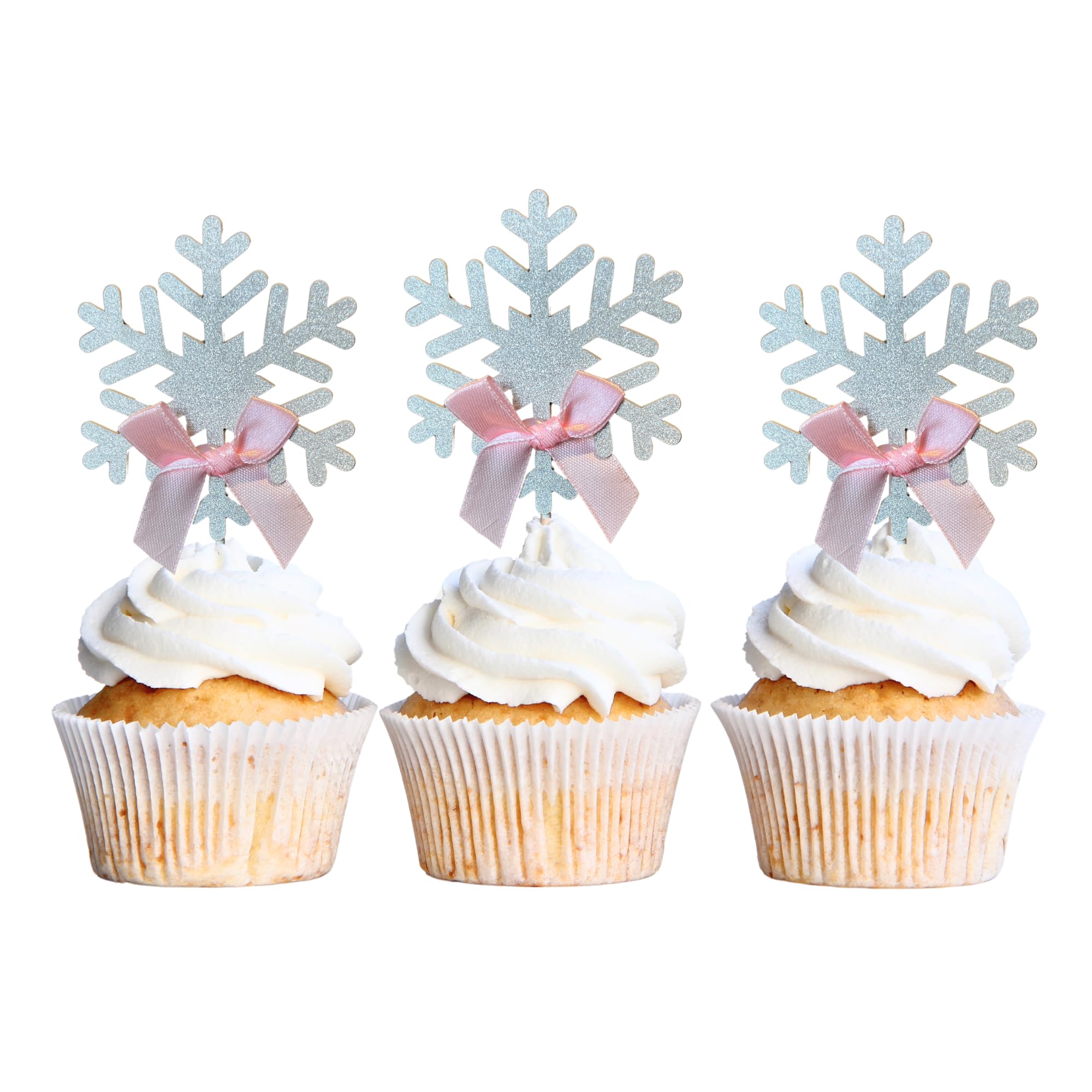 Snowflake Cupcake Toppers with Satin Ribbon Bow – Frozen Winter Wonderland Christmas Cupcake Decorations – Set of 12 for Cupcakes, Donuts & Cakes (Pink Bow) – Perfect for Birthday Parties, Baby Showers & Holiday Celebrations