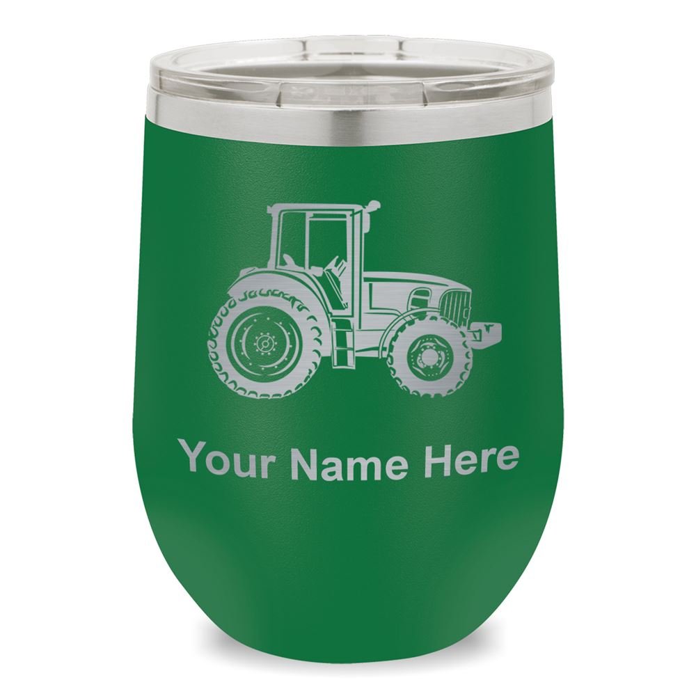 Personalized Engraved Wine Glass Tumbler with Farm Tractor Design - Green - Perfect for Farmhouse Weddings, Rustic Parties & Country Home Decor