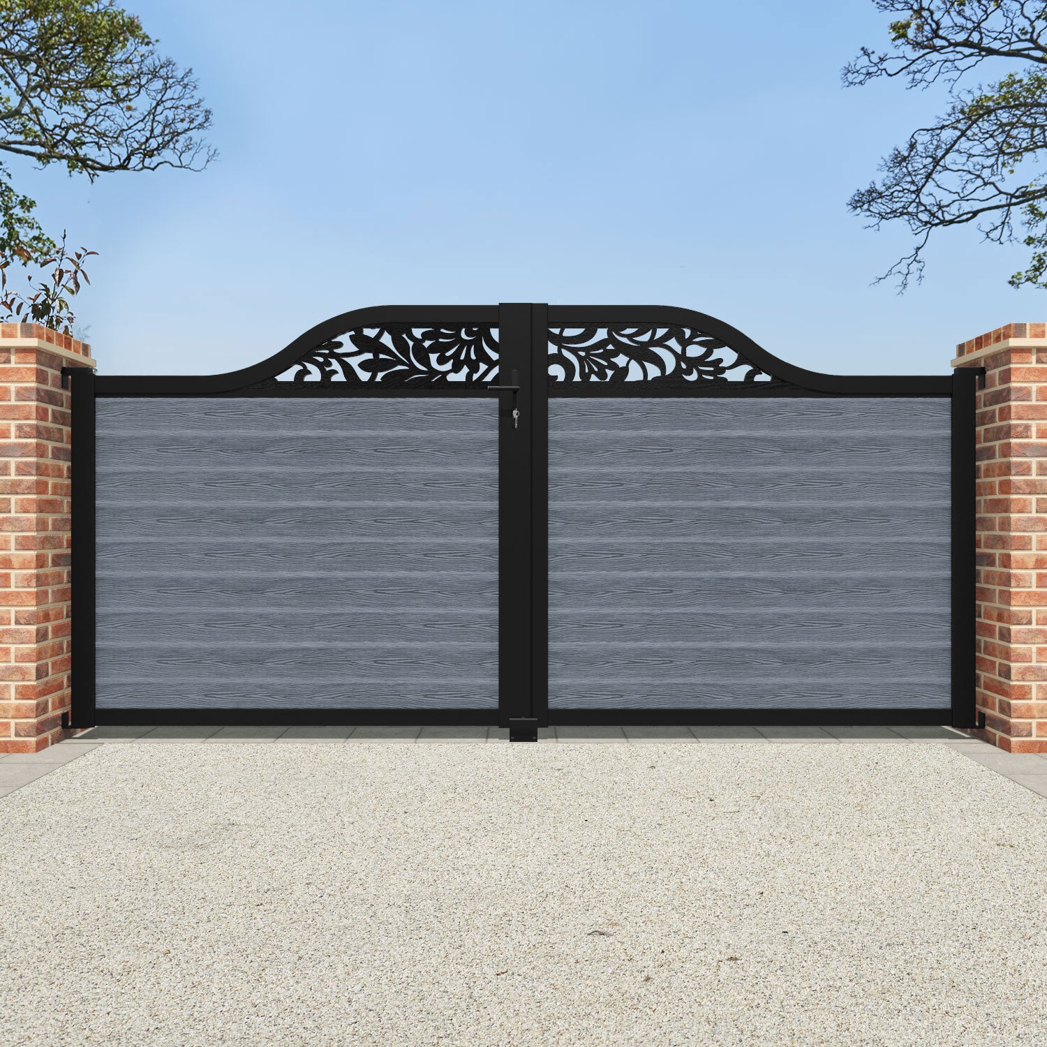 Classic Heritage Curved Top Driveway Gate in Anthracite with Top Screen - Durable Wrought Iron Entry Gate for Home Security & Curb Appeal