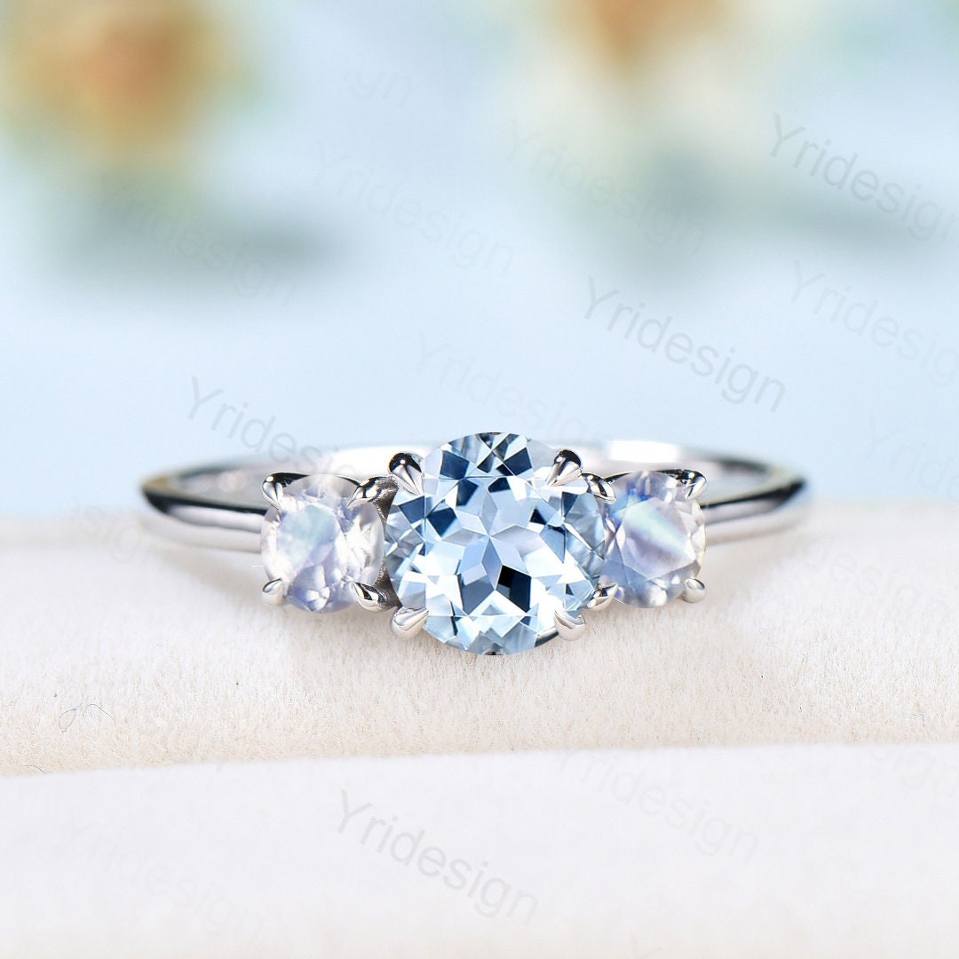 Three Stone Aquamarine Ring - Dainty Moonstone & Aquamarine Engagement Ring in Gold for Women | Vintage Wedding Band, Anniversary Promise Ring for Her - Perfect for Proposals, Weddings & Special Occasions