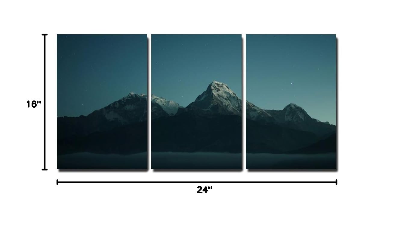 wall26 - 3 Piece Canvas Wall Art - Snowy Mountain Peaks at Night - Modern Framed Home Decor Ready to Hang - 16