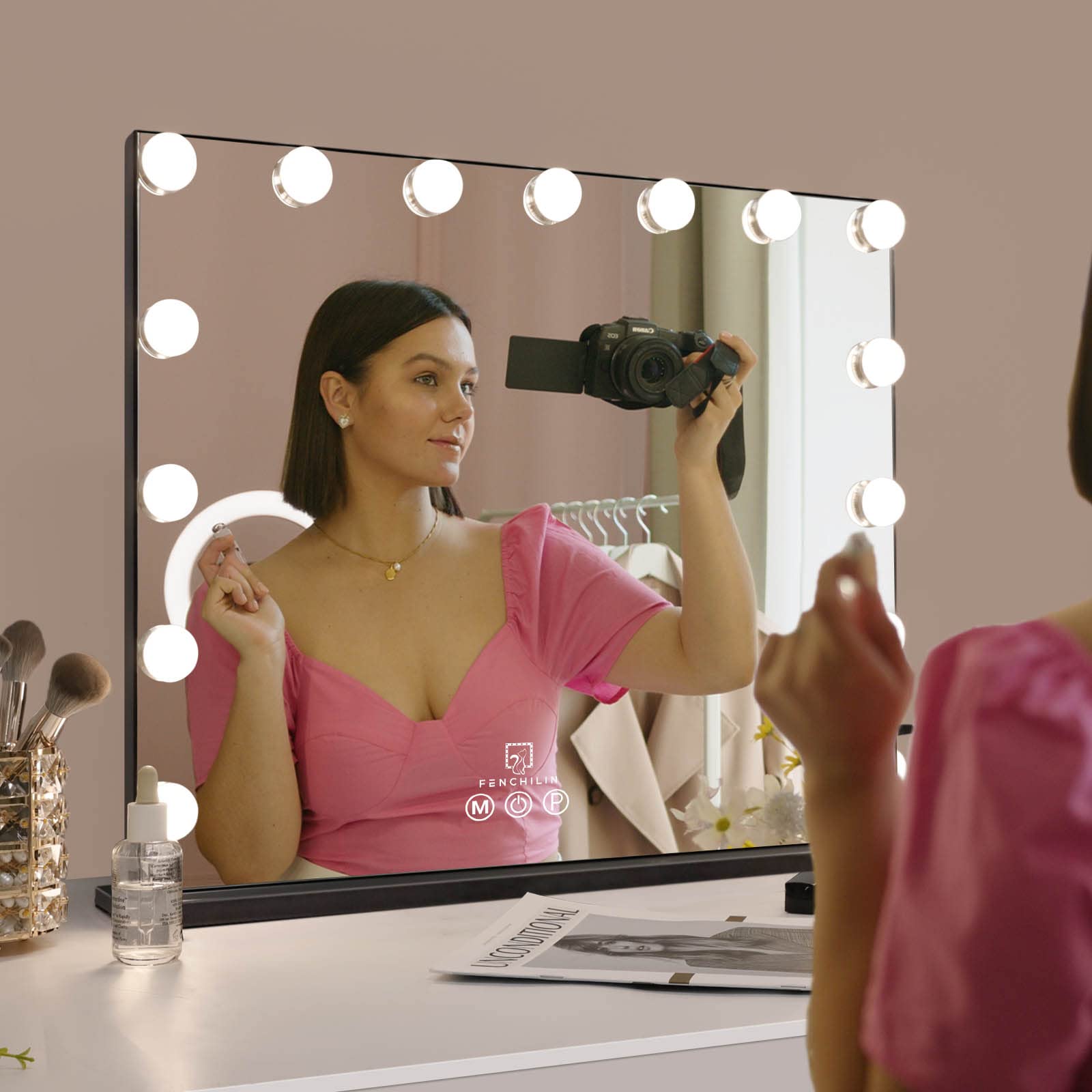 FENCHILIN Hollywood Vanity Mirror with Lights - Smart Touch Control, Dimmable LED Bulbs, Adjustable Brightness for Makeup & Skincare (Black) - Perfect for Bedroom, Bathroom & Dressing Room