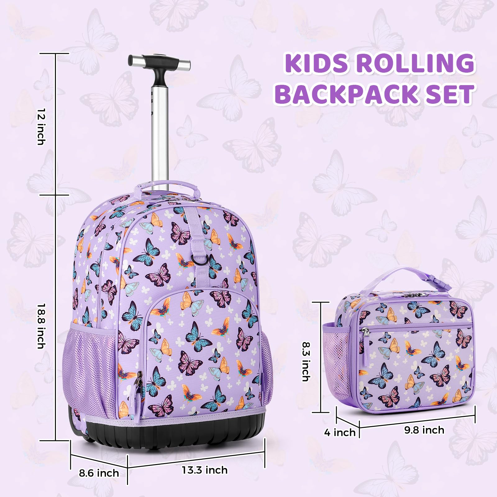 Choco Mocha 18 Inch Rolling Backpack for Girls - Kids Wheeled School Bookbag with Matching Lunch Box Set | Butterfly Purple Design | Perfect for Elementary School, Travel & Daily Use