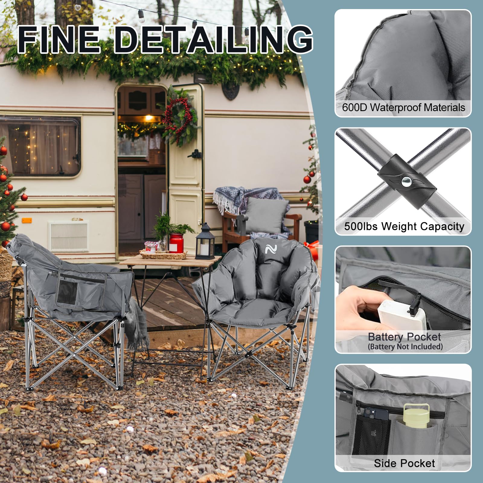MOPHOTO Heated Camping Chair - Portable Outdoor Folding Chair with Padded Seat & Heating Function for Adults - Perfect for Camping, Hunting, Fishing, Backyard, Patio, and Beach Relaxation