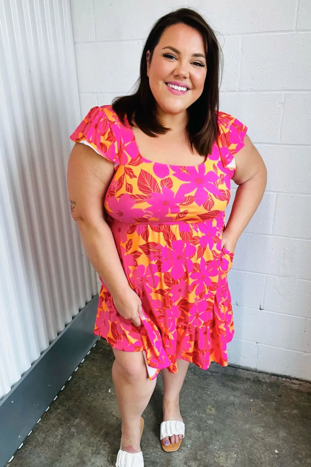 Fuchsia & Orange Tropical Floral Square Neck Summer Dress for Women - Beach Vacation, Party & Casual Outfit