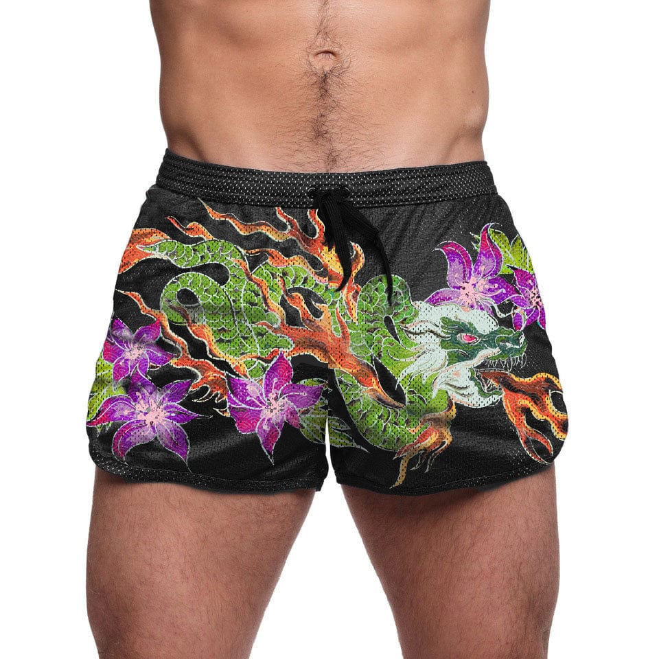 Fire Breathing Dragon Print Men's Athletic Mesh Shorts - Lightweight & Breathable for Running, Gym & Outdoor Workouts