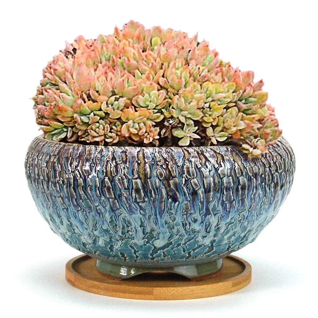8 Inch Handmade Natural Crackle Glaze Round Ceramic Succulent Planter with Drainage Hole & Saucer - Teal Cactus Flower Pot for Home Decor, Office Desk, Garden & Indoor Plants