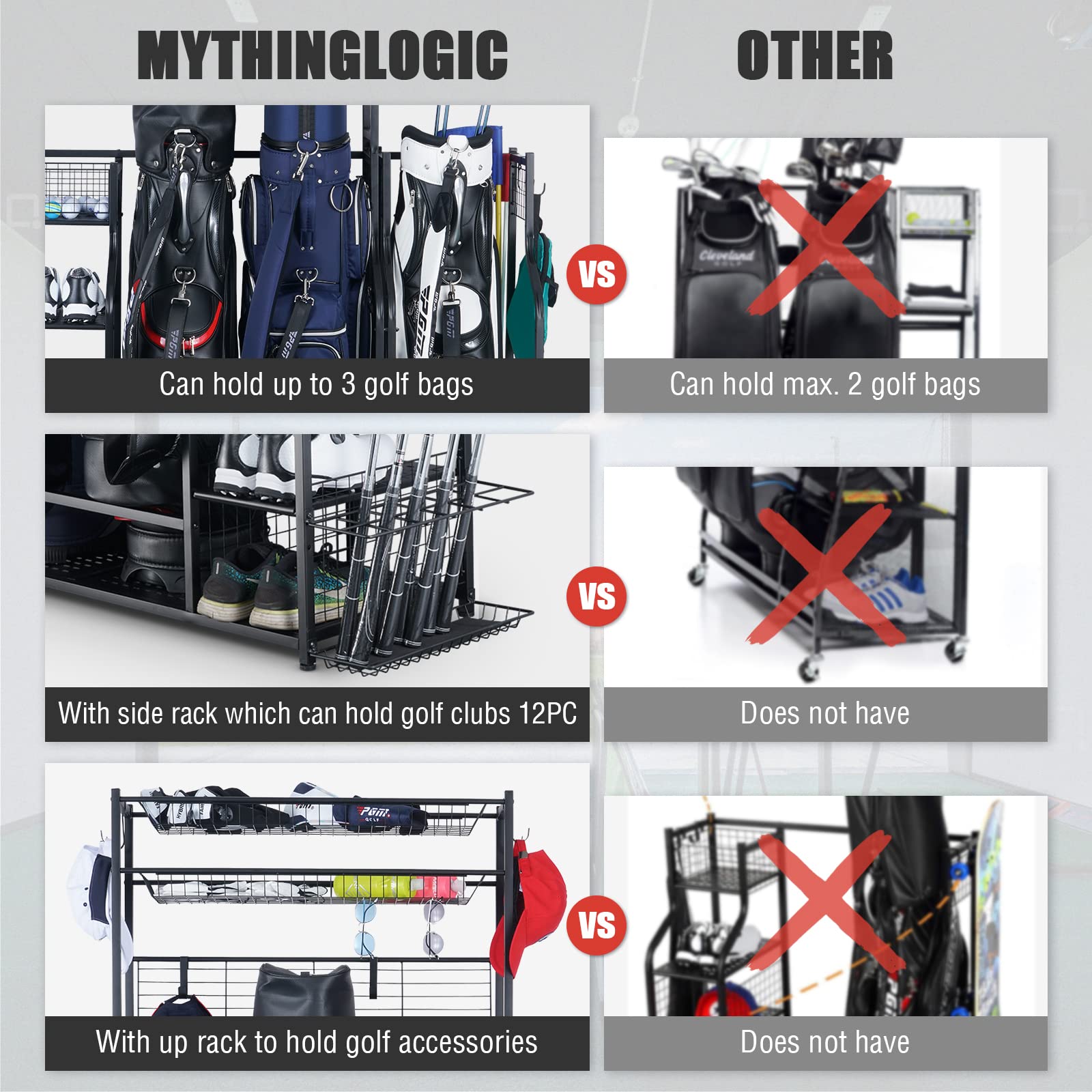 Mythinglogic Golf Bag Storage Stand - 2 Golf Bags Holder with 4 Removable Hooks & Accessories Organizer - Perfect for Garage, Basement, or Clubhouse Storage - Keep Golf Clubs & Equipment Neatly Displayed