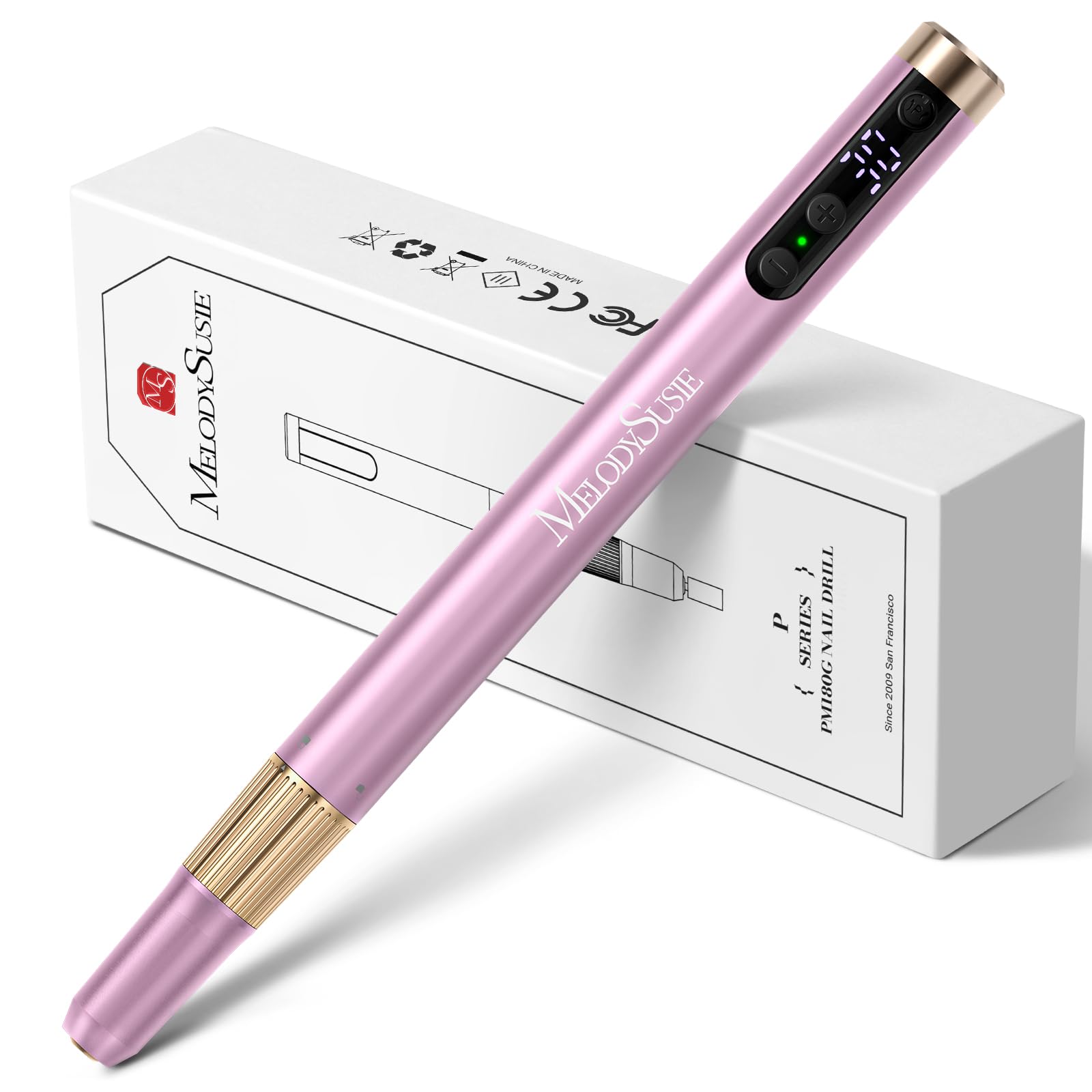 MelodySusie PM180G Cordless Electric Nail Drill - 30000RPM Professional Manicure & Pedicure Kit with Drill Bits & Ultra Fine Sanding Bands | Portable Nail File for Women | Perfect for Home Salon, Nail Art & DIY Nail Care (Pink)