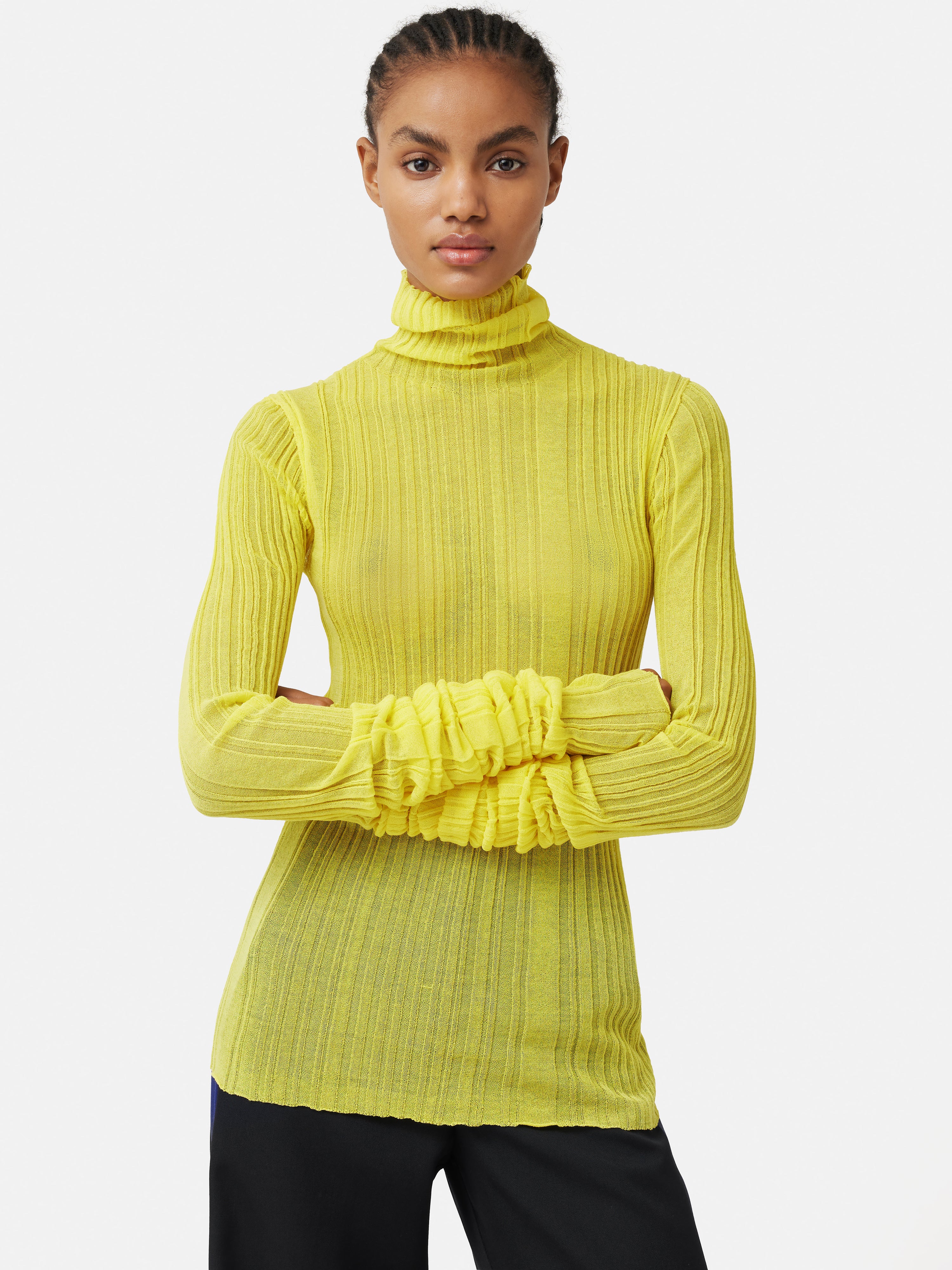 ROKSANDA Women's Plisse Knit Polo Neck Top in Yellow | Stylish Casual Wear for Work & Weekend Outings