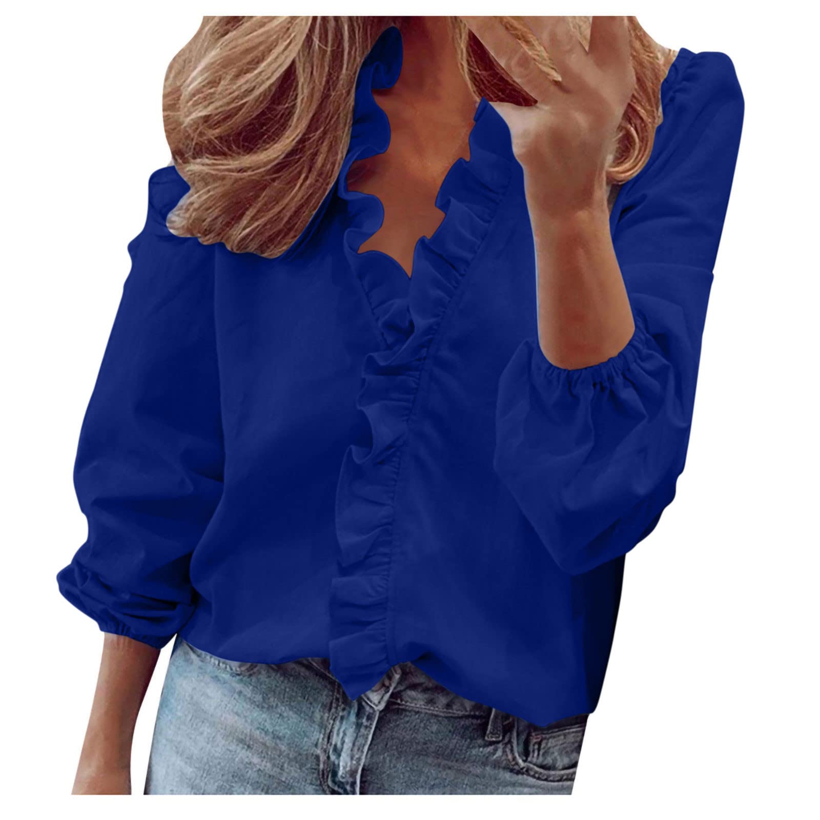 Women's Casual Long Sleeve Ruffle Collar V-Neck Blouse - Solid Color Going Out Top for Date Night, Office Wear & Spring Fashion