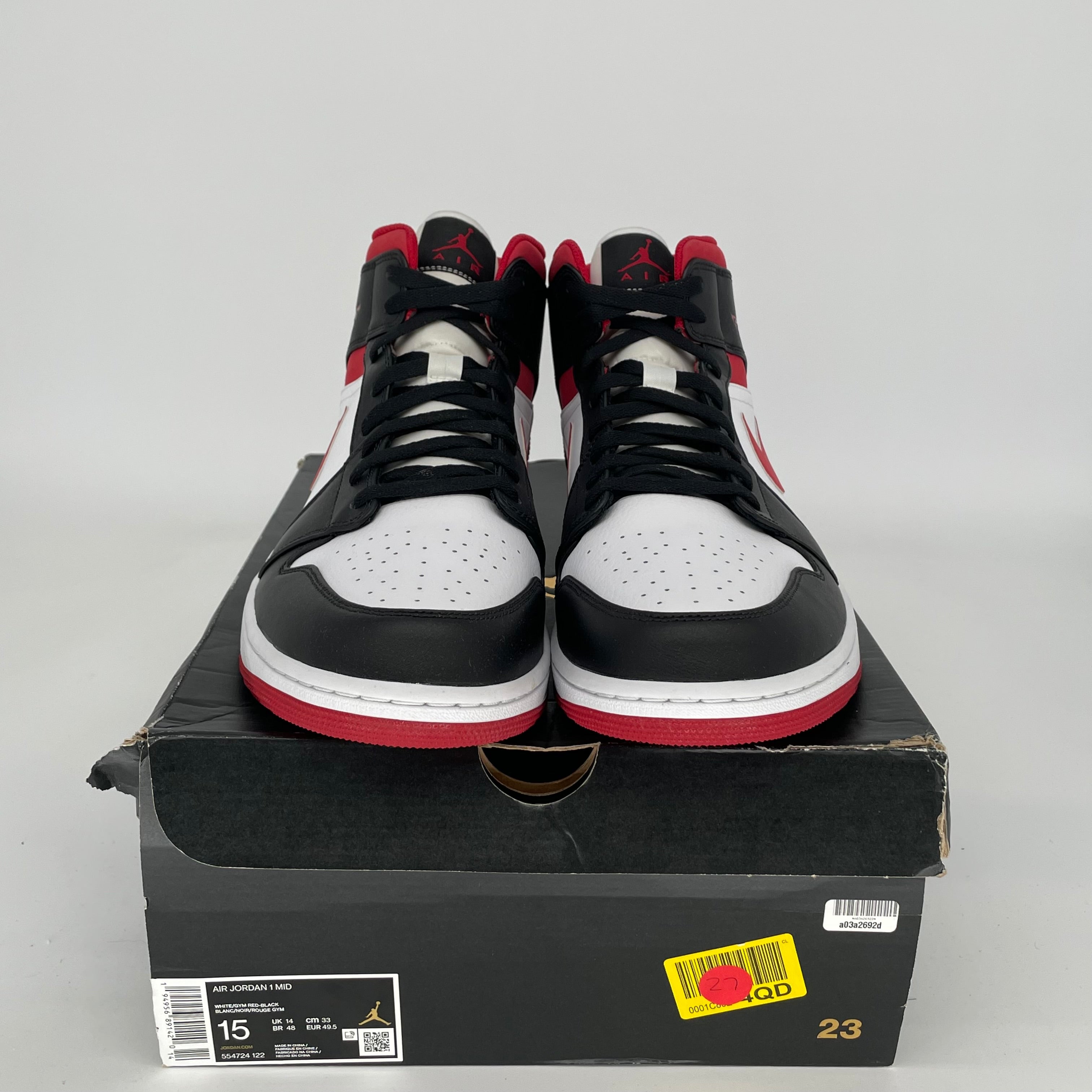 AIR JORDAN 1 MID GYM RED BLACK WHITE Men's Basketball Shoes Size 15 (554724-122) - Perfect for Streetwear, Sneaker Collection & Casual Sports