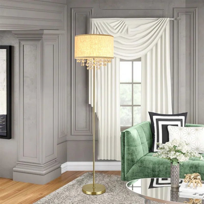 DLLT Modern LED Floor Lamp with Crystal Accents - Elegant Standing Light for Living Room, Bedroom & Study - Mid Century & Farmhouse Style - Adjustable Tall Pole with Fabric Drum Shade - Brass Finish - Perfect for Reading, Relaxing & Home Decor