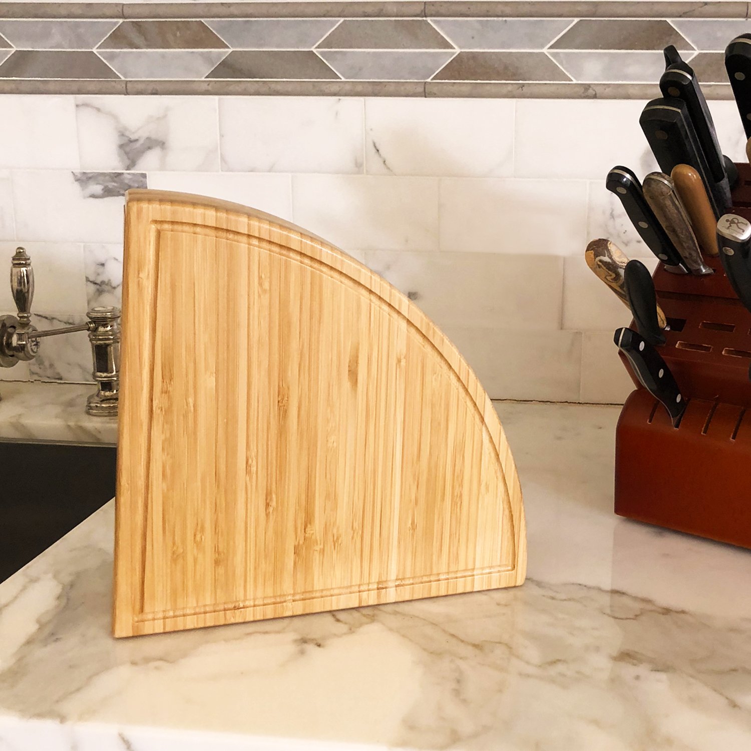 Personalized Monogrammed Bamboo Cutting Board with Knives & Cheese Markers - Engraved Charcuterie Board for Cheese, Charcuterie & Entertaining - Compact Wedge Design Expands to 18
