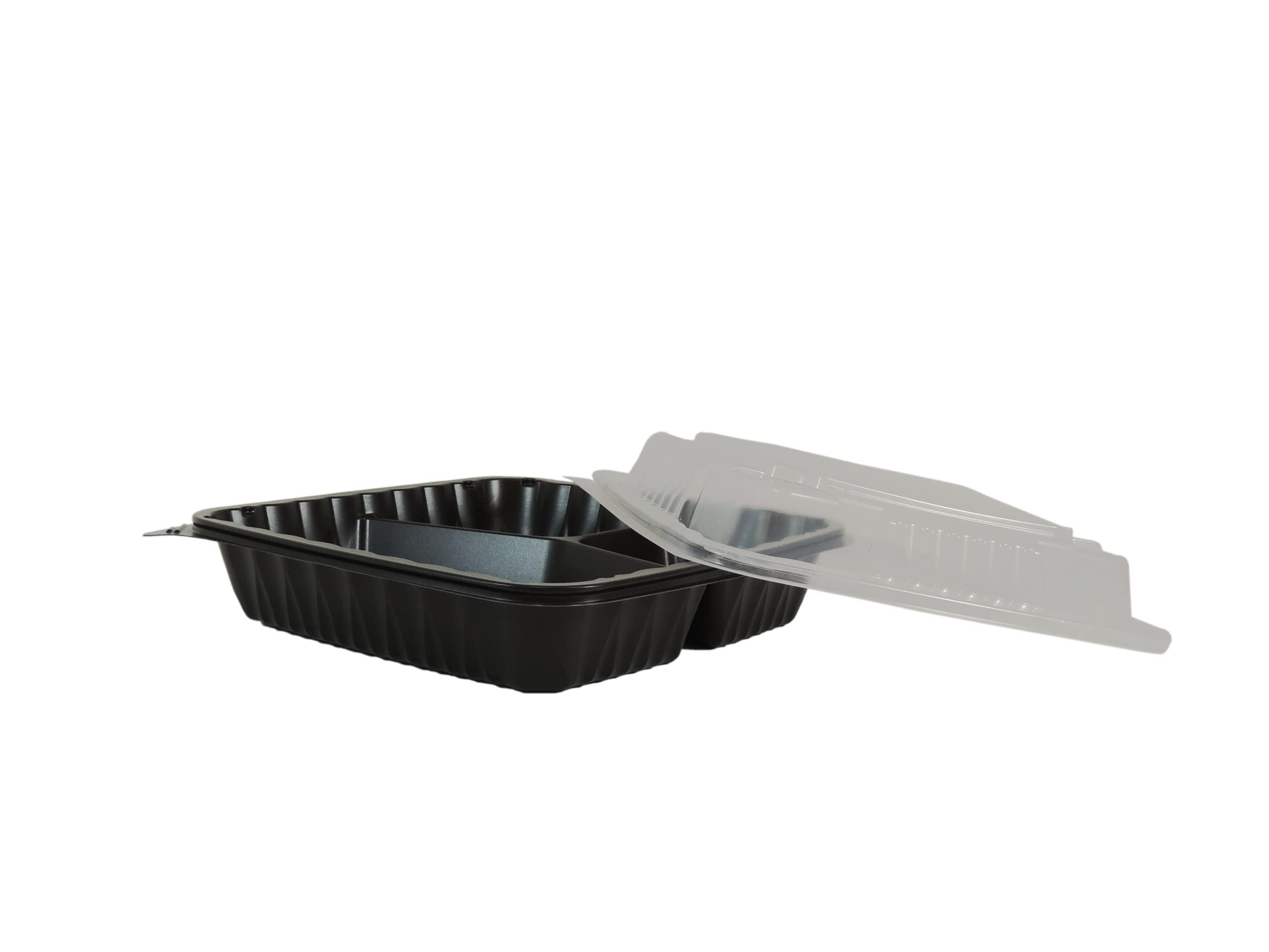 75 Sets Black PP Pebble Box Serving Tray with Vented Lid - 9x9 Inch 3-Compartment Food Storage Container for Lunch, Meal Prep & Party Serving | Durable, Reusable & BPA-Free