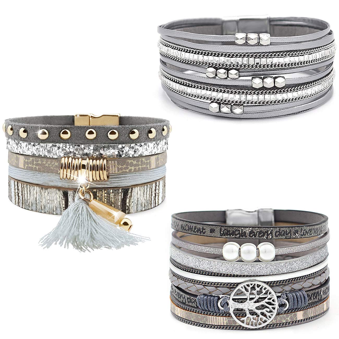 Wowanoo 3-Pack Leather Cuff Bracelet Set for Women - Multilayer Wrap Bracelet with Crystal Feather Tree Design & Magnetic Clasp | Boho Chic Jewelry for Casual Wear, Parties & Gift Giving