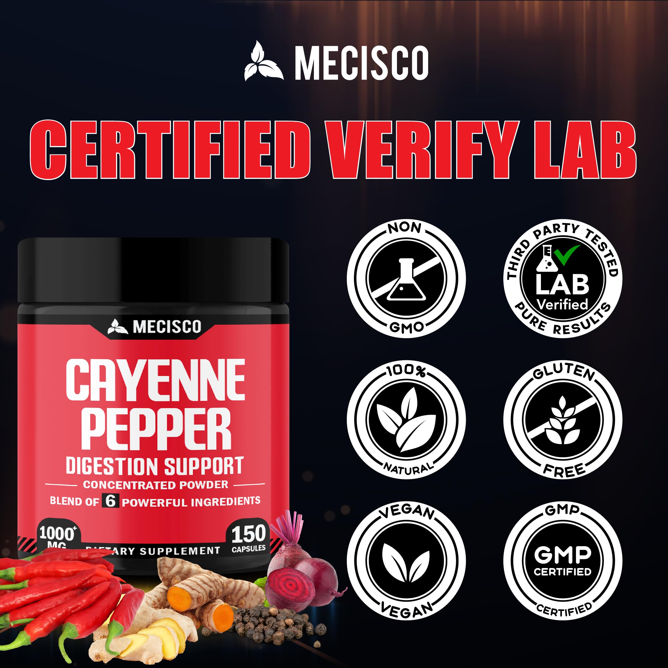 Organic Cayenne Pepper Capsules with Ginger Root, Beet Root & Black Pepper - 150 Count 6-in-1 Supplement for Digestion, Immunity, Joint & Heart Health - Supports Energy & Circulation for Active Lifestyles
