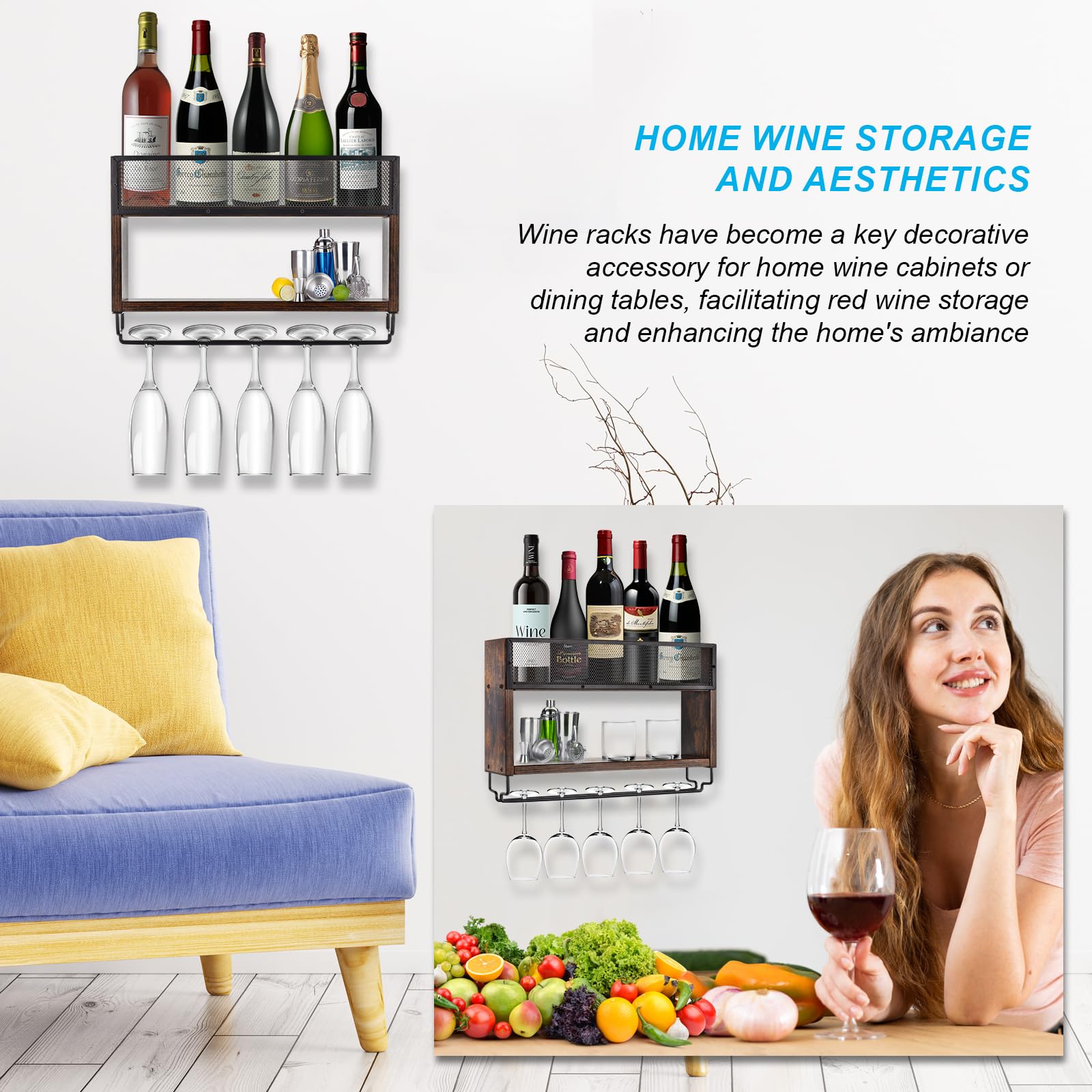 Brown Wooden Wall Mounted Wine Rack with Glass Holder - Space Saving Wine Storage for Kitchen, Dining Room & Home Bar - Perfect for Wine Enthusiasts & Entertaining Guests