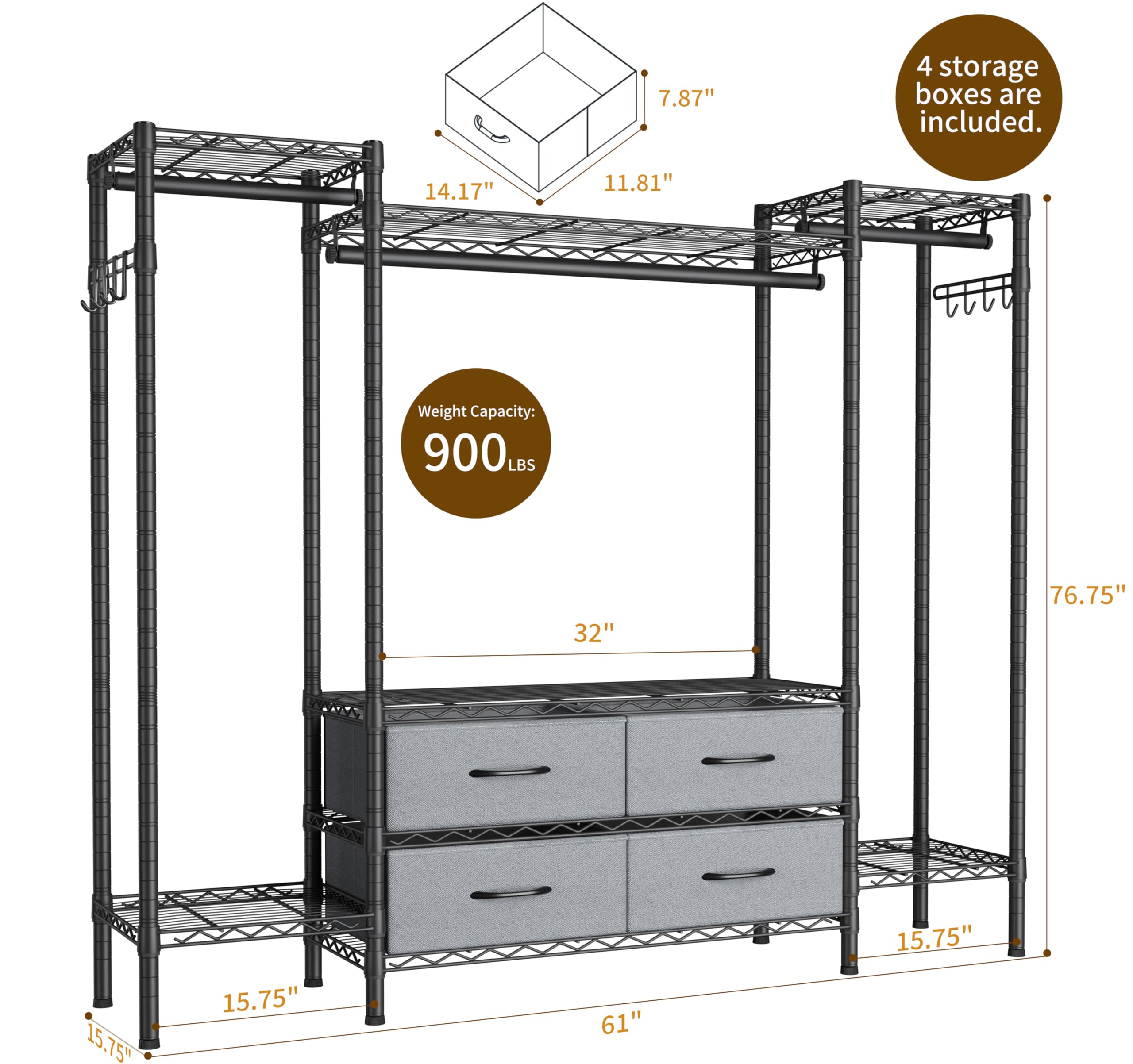 Heavy Duty Large Garment Rack - Freestanding Closet with 8 Adjustable Wire Shelves, 3 Hanging Rods & 4 Fabric Drawers - Portable Clothing Storage Wardrobe (Max Load 900lbs) - Perfect for Home Organization, Bedroom Closet, Laundry Room & Commercial Use