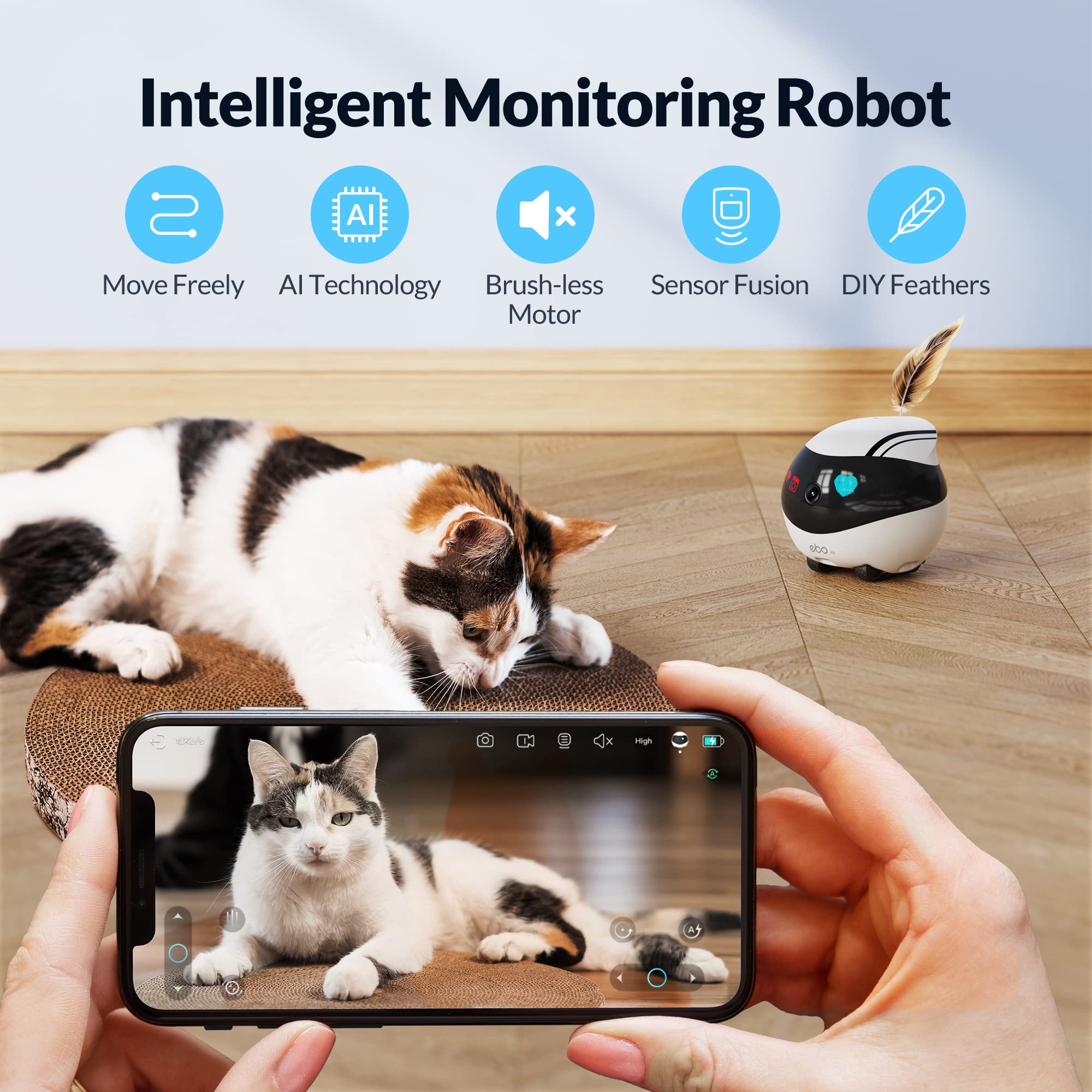 Enabot EBO Air Smart Home Security Camera with 2-Way Audio, Night Vision & APP Control - Wireless Rechargeable Pet Camera for Dogs, Cats & Baby Monitoring - Indoor SD Card Storage for Home & Office Use