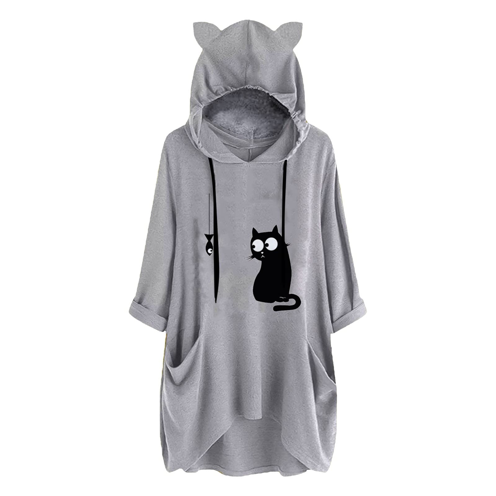 Women's Cute Cat & Fish Print Hooded Pullover Sweatshirt - Big Size Long Sleeve Hoodie with Pockets & Cat Ears - Cozy Winter Fashion for Casual Wear, Street Style & Cat Lovers