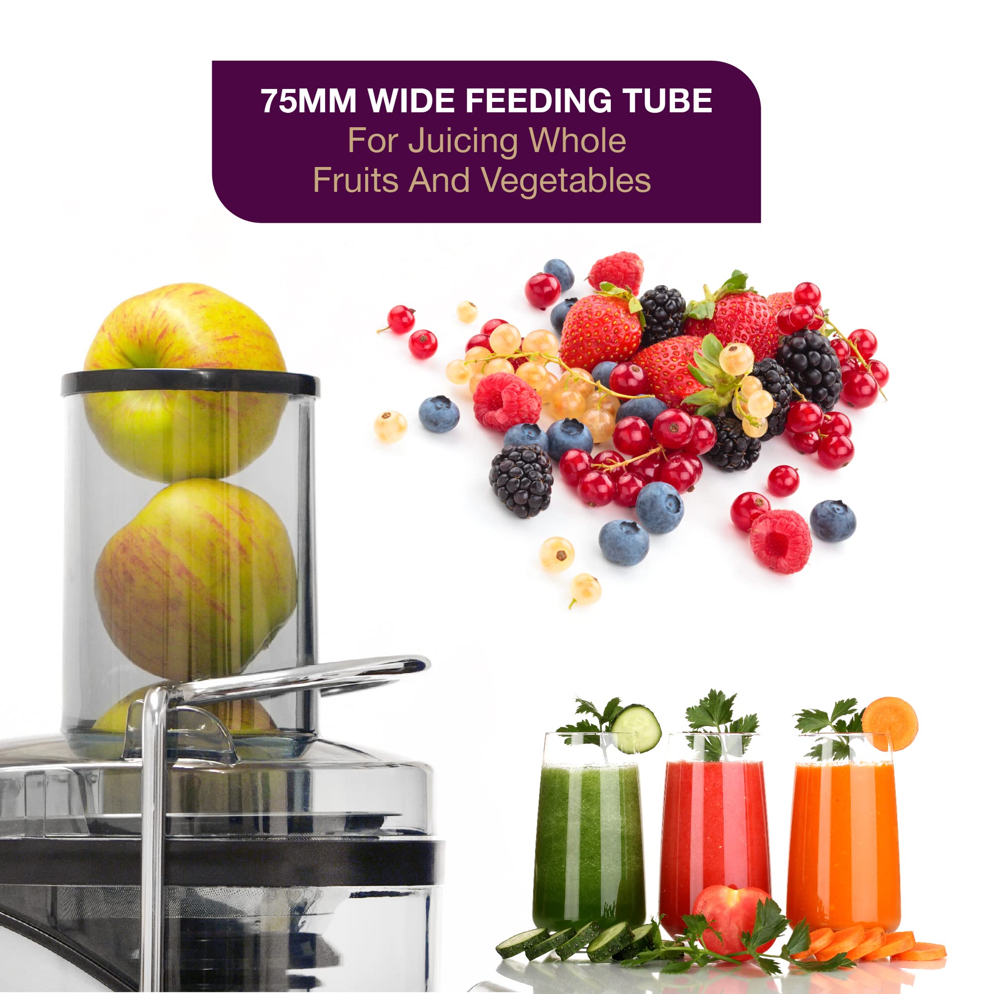 Andrew James 800W High-Speed Centrifugal Juicer - 2-Speed Electric Whole Fruit Juicer with Large Feed Chute - Easy Clean Juice & Pulp Collectors - Safety Lock for Healthy Homemade Juices - Perfect for Breakfast, Detox & Family Nutrition