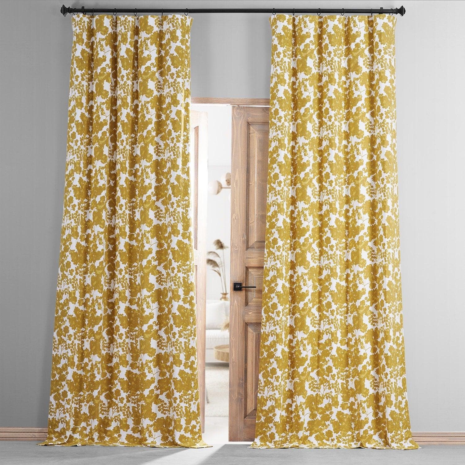 Luxury Fleur Gold Floral Printed Blackout Curtains for Bedroom & Hotel - 100% Cotton Thermal Insulated Drapes with Grommets for Light Blocking and Privacy