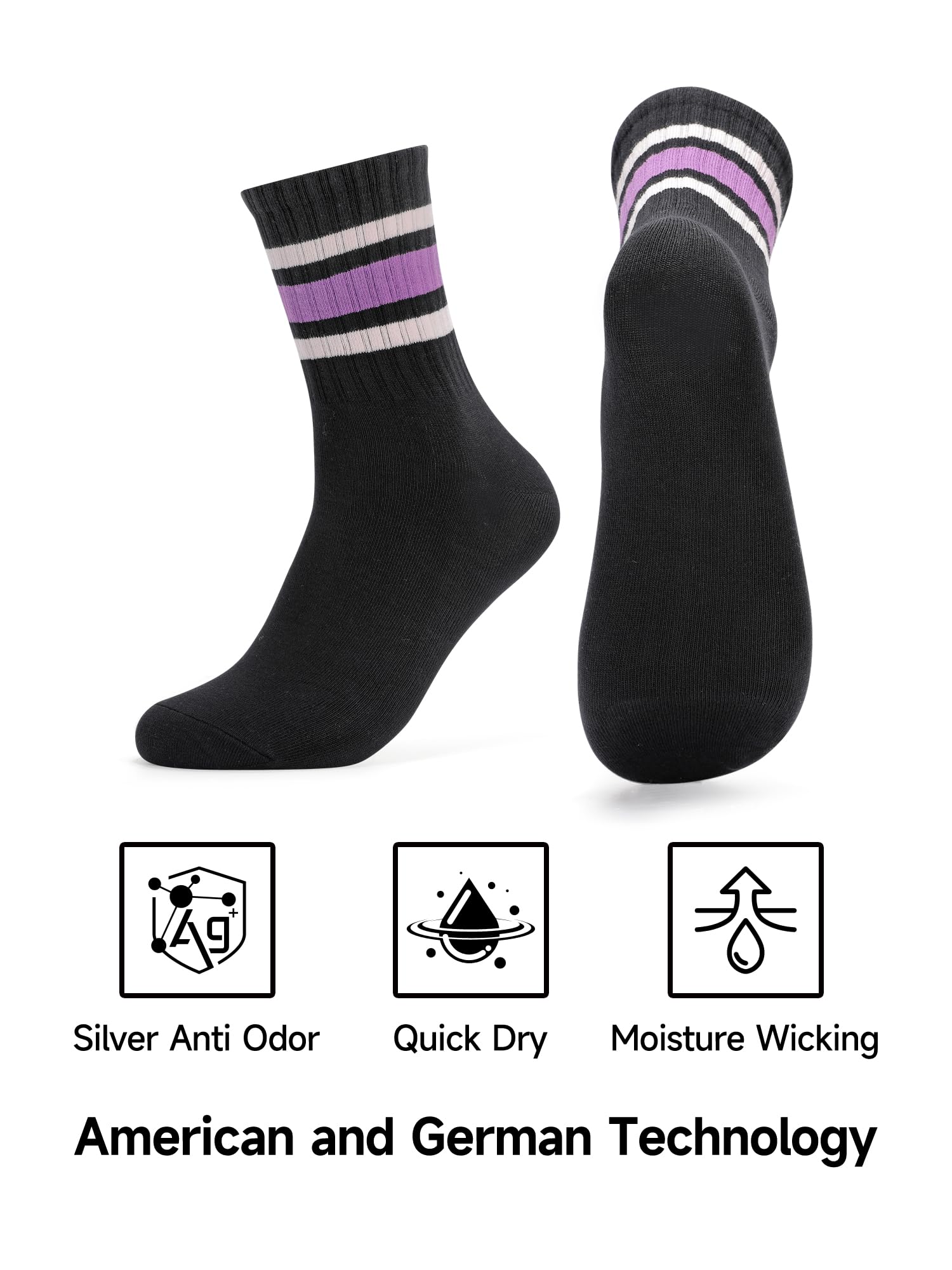 Women's Quick Dry Anti Odor Crew Socks - Retro Striped Cotton for Sports & Daily Wear