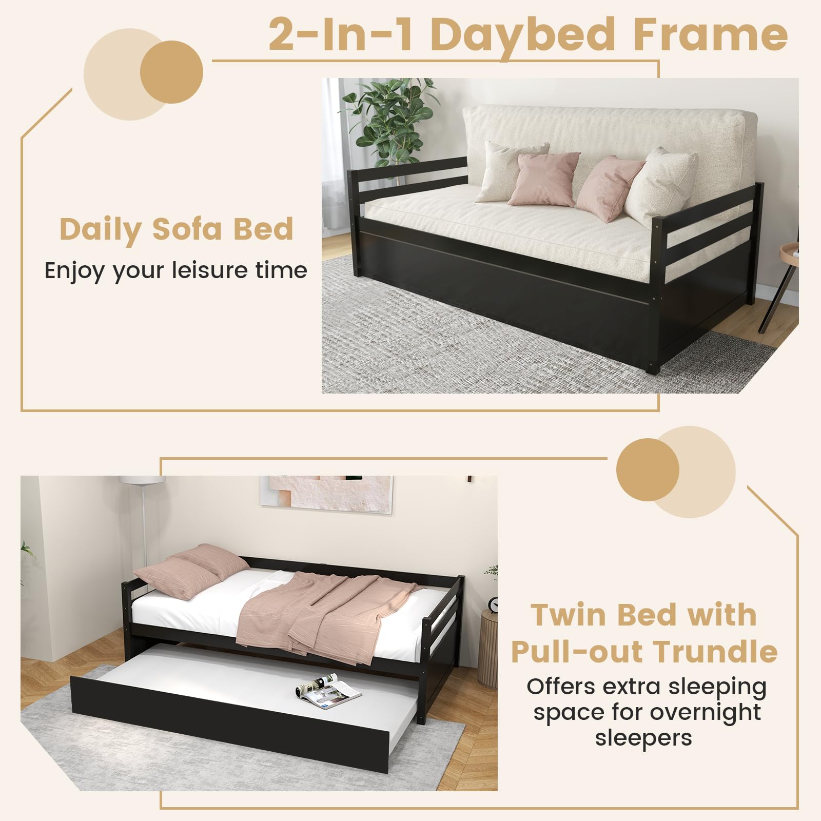 KOMFOTT Twin Size Wooden Daybed Frame with Trundle - No Box Spring Needed Sofa Bed for Guest Room, Kids Room & Living Room - Perfect for Sleepovers, Space Saving & Extra Guest Accommodation