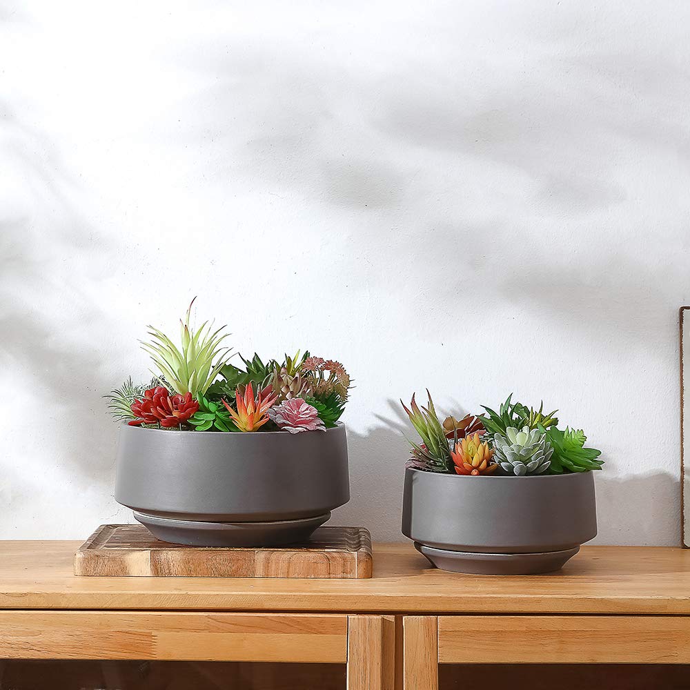 Premium Ceramic Planter Set of 2 with Drainage Hole & Saucer - Modern Glazed Indoor Cylinder Plant Pots for House Plants, Bonsai, Succulents - Matte Grey Medium Size | Perfect for Home Decor, Office Desk & Gift Giving