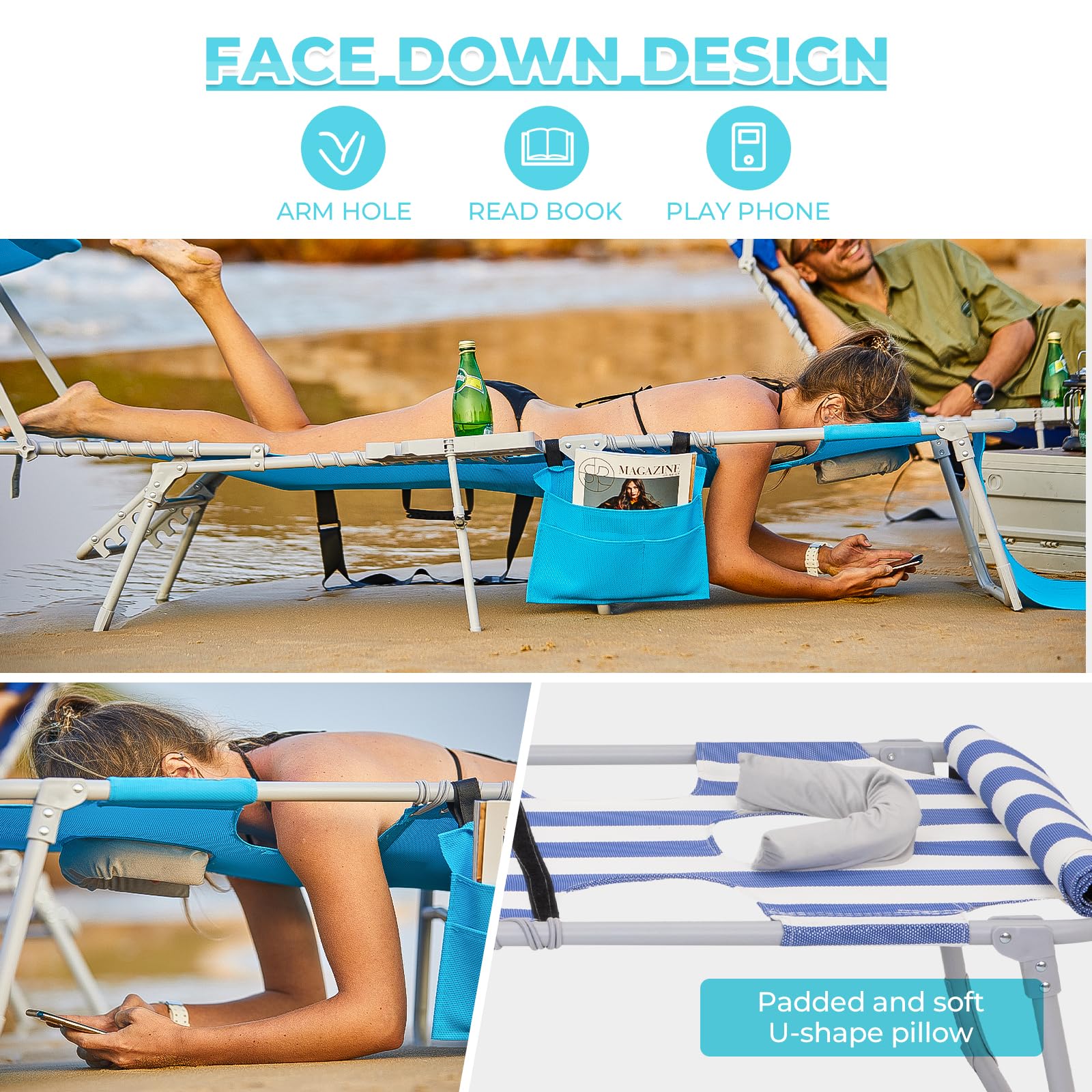 WEJOY Adjustable Patio Chaise Lounge Chair with Canopy & Side Table - 5-Position Recliner, Face Hole & Storage Pocket - Portable Folding Beach Chair for Poolside, Lawn, Camping & Sunbathing - Perfect for Outdoor Relaxation by the Pool, Beach or Backyard