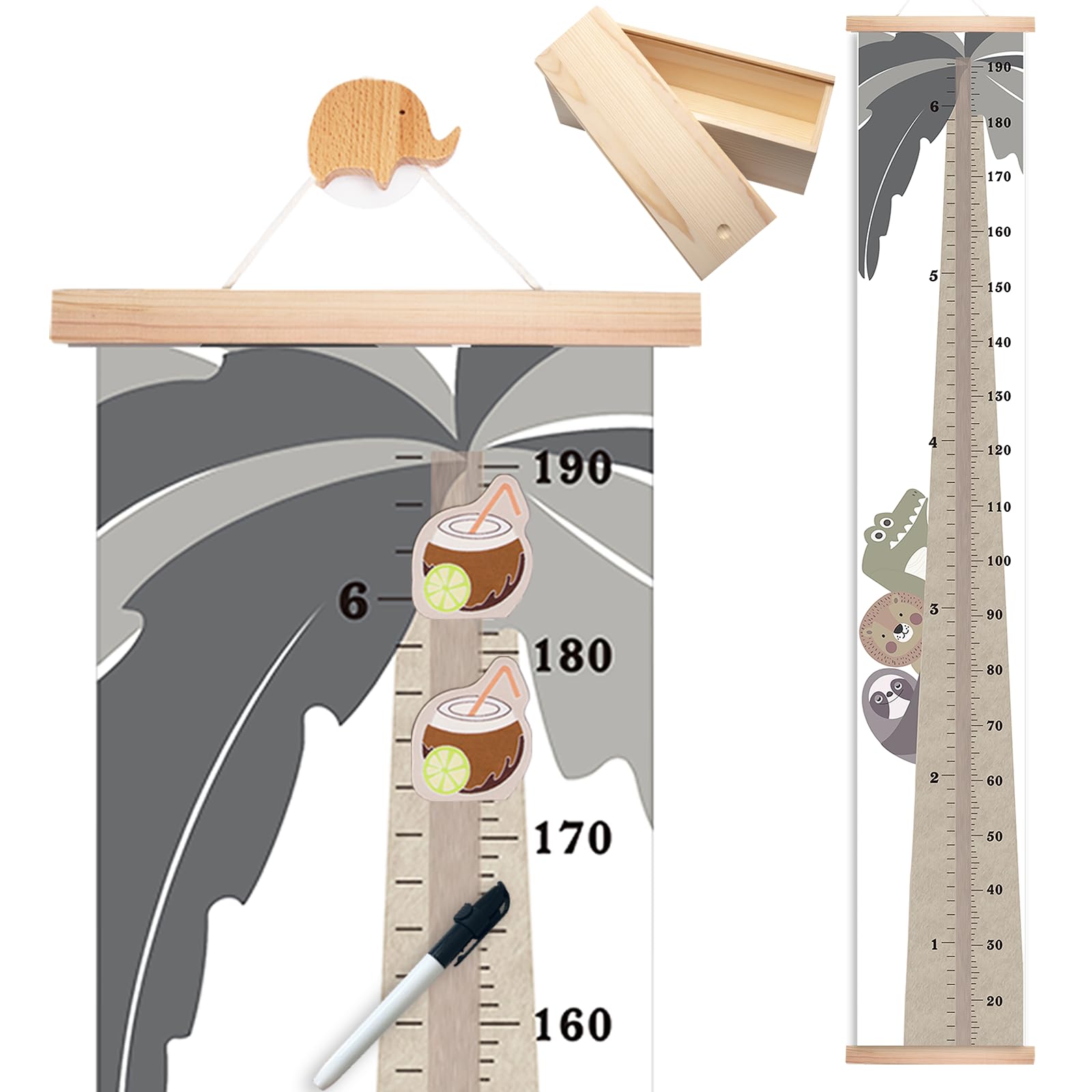 Wooden Growth Chart for Kids Wall - Velcro Hanging Height Measurement Ruler with Keepsake Box & Tropical Canvas - Perfect for Nursery, Bedroom, or Playroom Decor