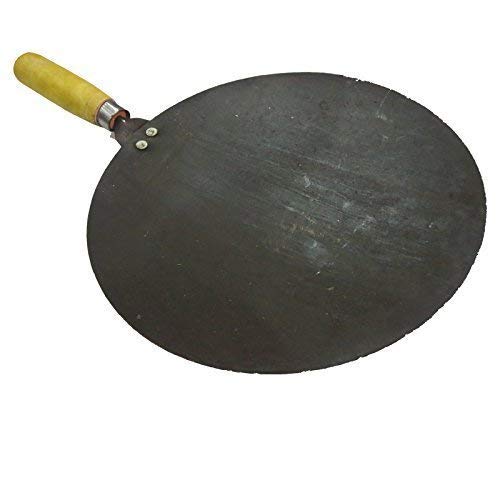 9 Inch Iron Tawa Roti Maker - Heavy Duty Chapati Tava with Wooden Handle & Stainless Steel Tong - Includes Wooden Roti Fluffer - Black/Silver/Brown - Perfect for Indian Cooking, Flatbread Making & Home Kitchen Use