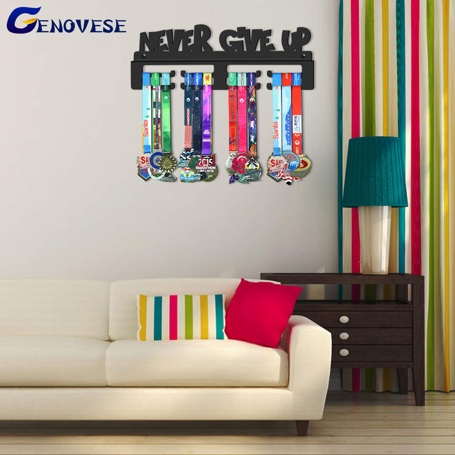 GENOVESE Never Give Up Medal Holder Display - Super Sturdy Black Steel Metal Wall Mounted Sports Medals Rack - Perfect for Showcasing Trophies in Home Gym, Kids Room or Sports Office