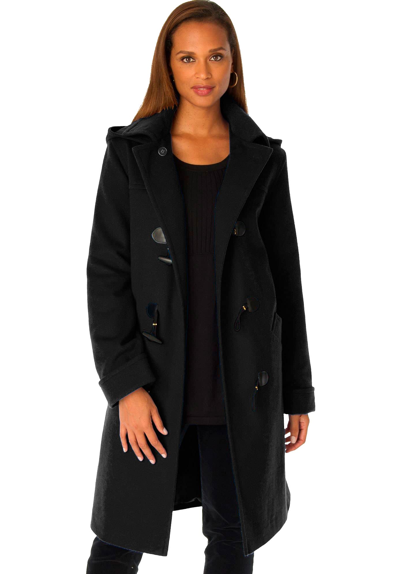 Jessica London Women's Plus Size Hooded Toggle Wool Coat - Warm Winter Outerwear for Cold Weather, Office & Casual Wear