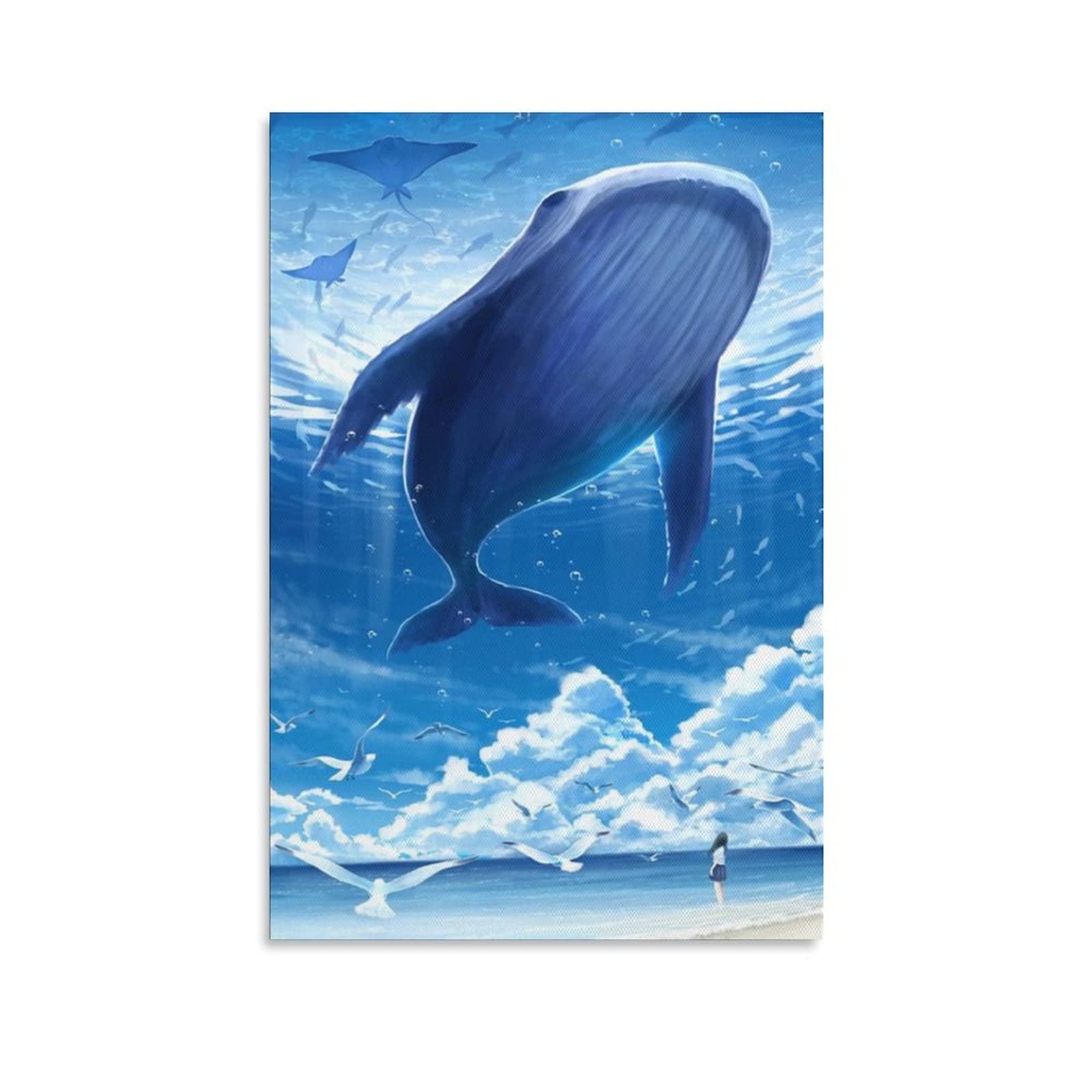 Whale Fantasy Blue Cartoon Canvas Wall Art Poster - 24x36 Inches (60x90cm) Modern Home Decor for Living Room, Bedroom, Office & Gifts | Watercolor Landscape Painting for Coastal, Nautical & Kids Room Themes