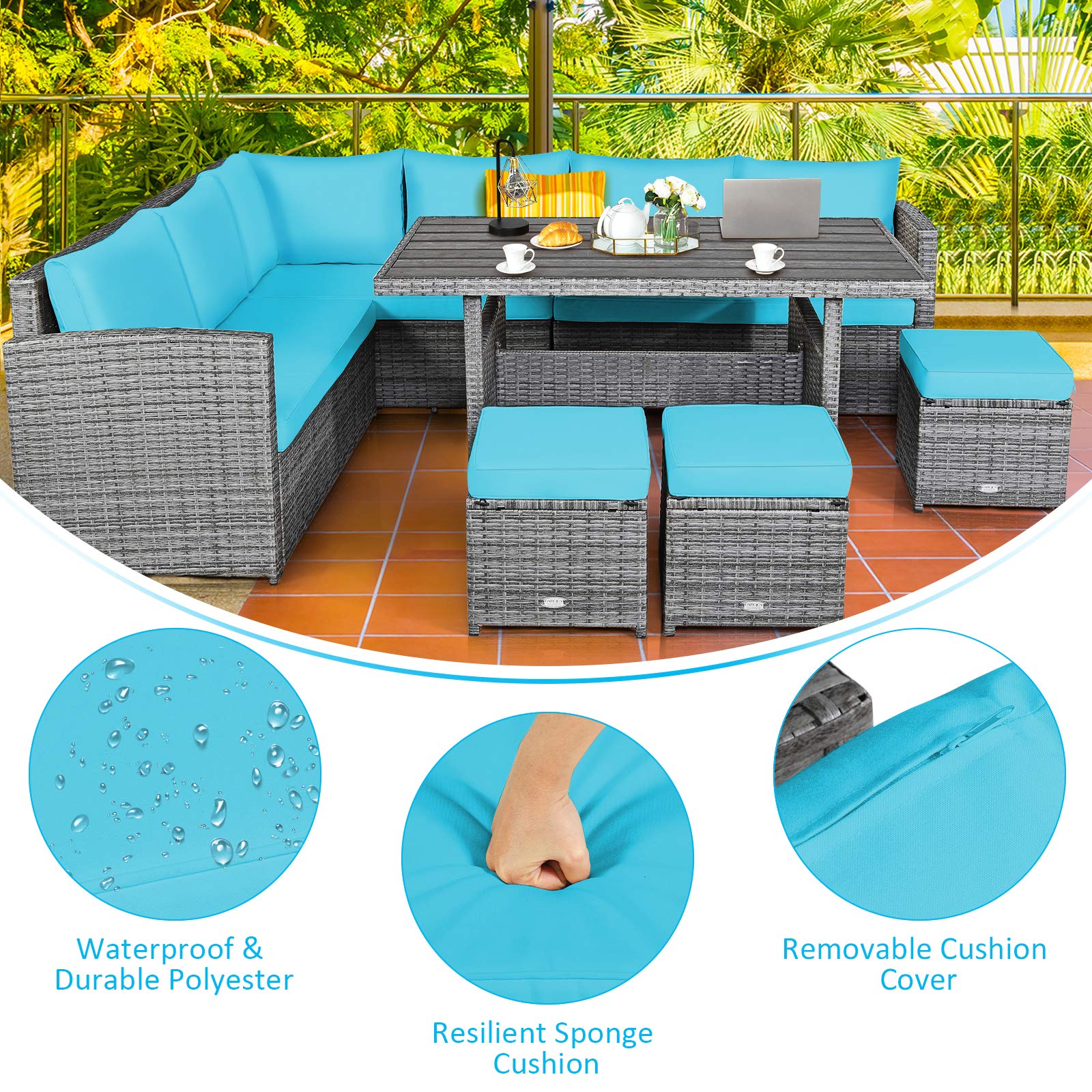 Tangkula 7-Piece Outdoor Patio Furniture Set - All-Weather Wicker Sectional Sofa with Cushions, Dining Table & Ottomans - Turquoise - Perfect for Backyard, Garden, Poolside & Patio Relaxation
