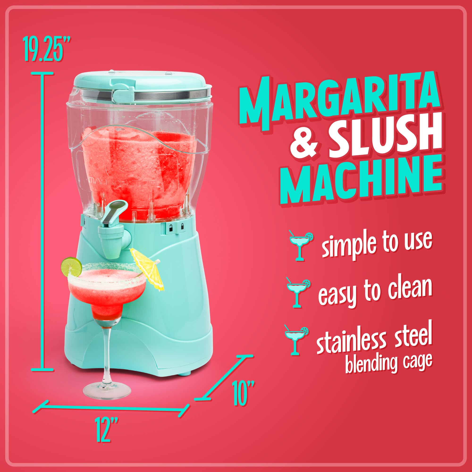 Nostalgia 128-Ounce Frozen Drink Maker & Margarita Machine - Stainless Steel Slushy Maker with Flow Spout - Double Insulated & Easy Clean - Aqua Blue - Perfect for Home Parties, Summer Cocktails & Frozen Treats