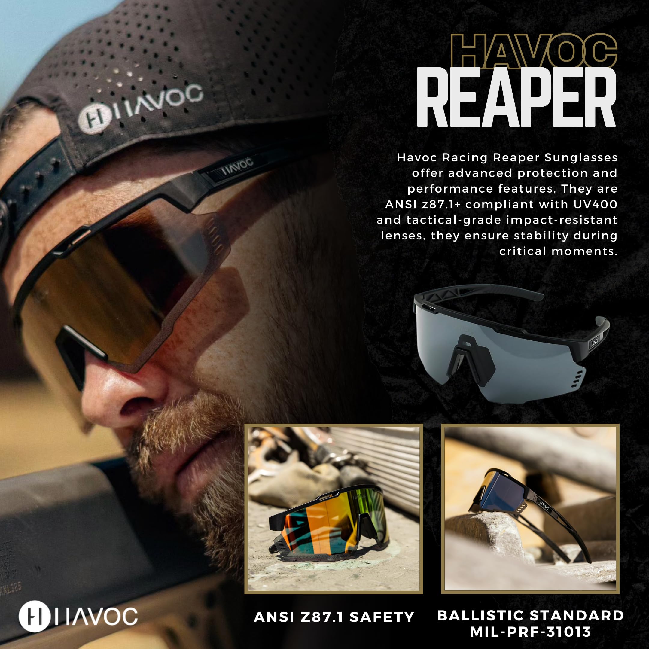 Havoc Racing Reaper Z87+ Safety Sunglasses - UV400 Protection Tactical-Grade Anti-Sweat Shades for Motorcycle Riding, Shooting & Outdoor Sports