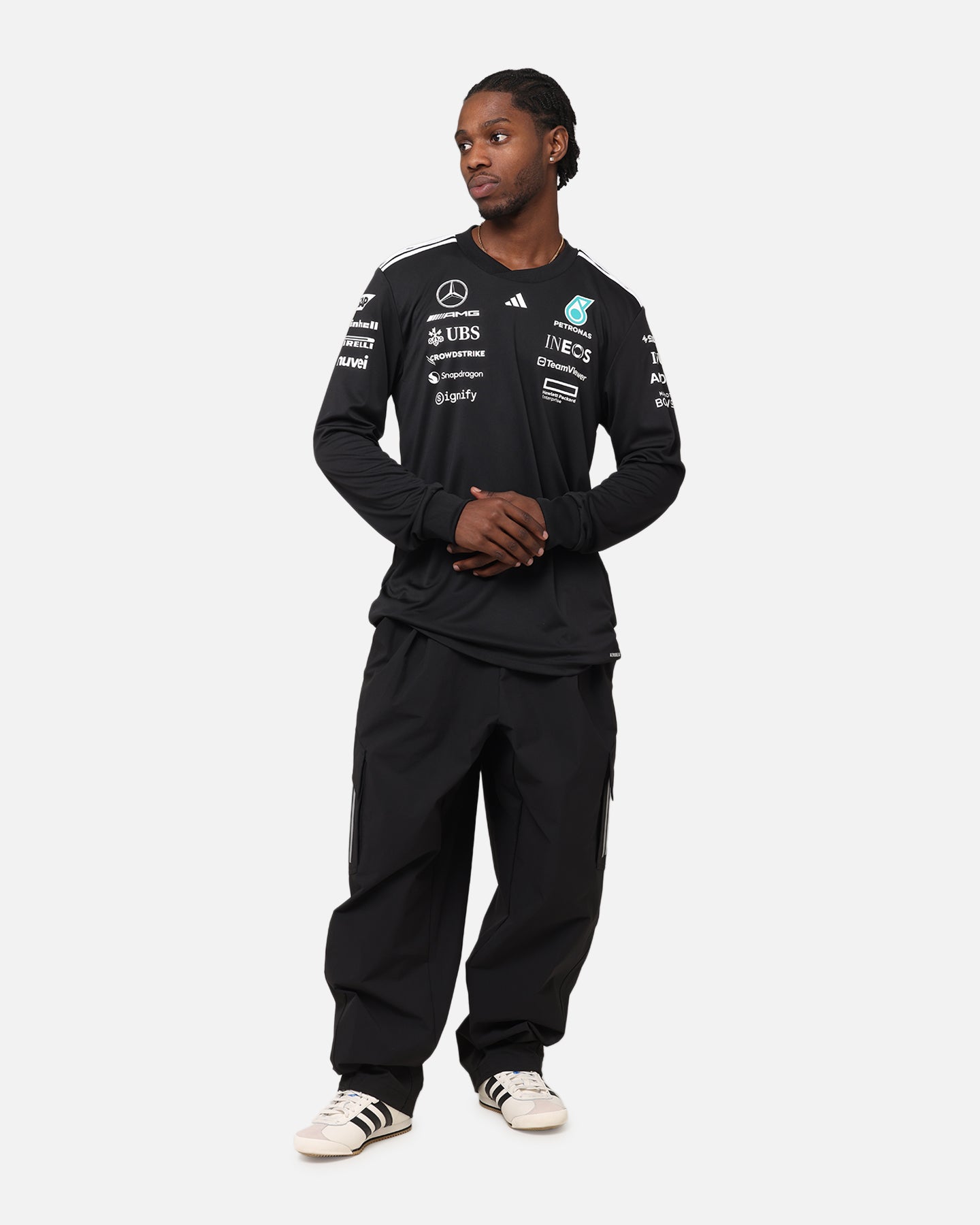 Adidas x Mercedes AMG Petronas F1 2025 Team Long Sleeve Driver T-Shirt Black | Official Formula One Racing Shirt | Perfect for Race Day & Motorsport Fans