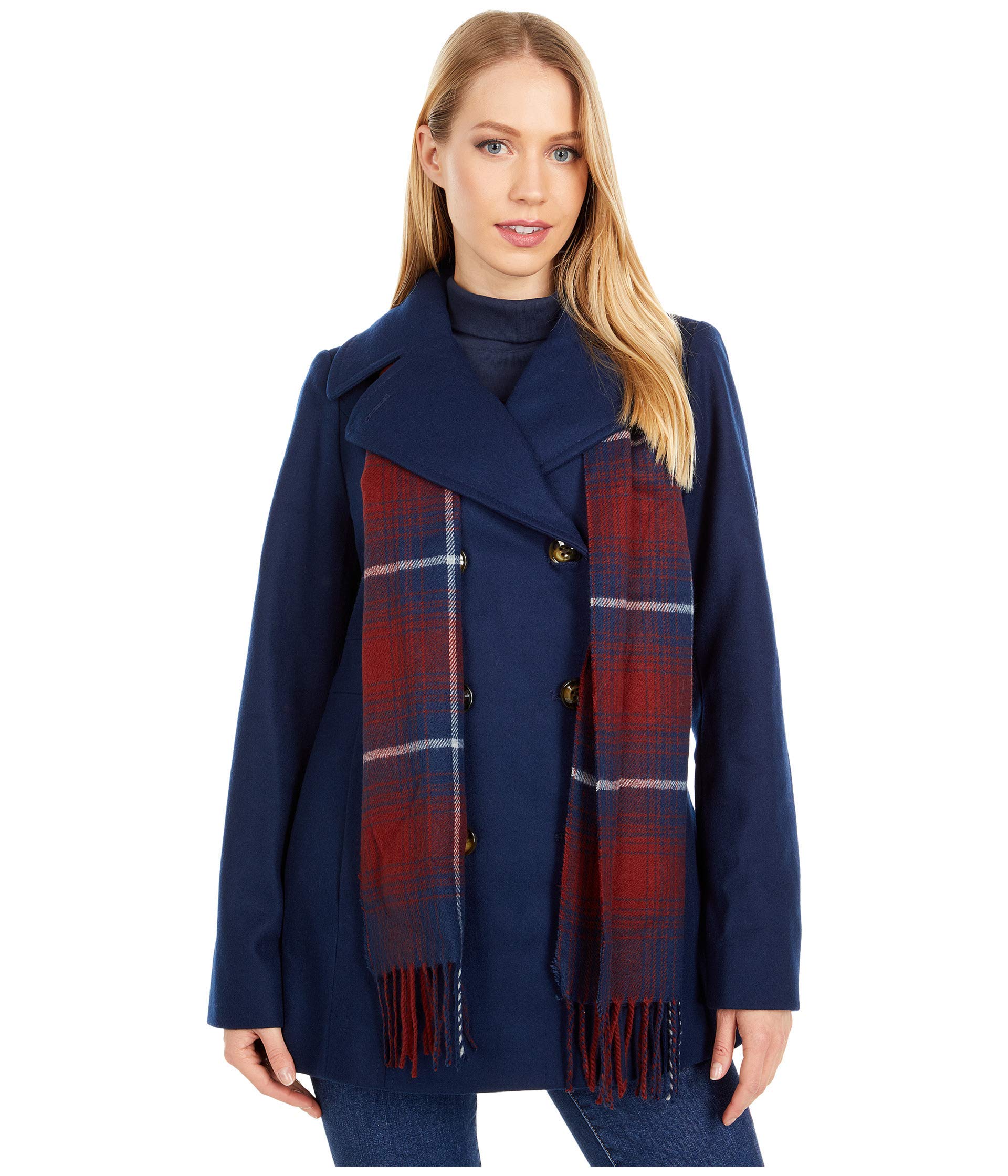 London Fog Women's Double Breasted Short Wool Coat with Detachable Scarf - Winter Warm Fashion Outerwear for Office, Dating & Holiday Events