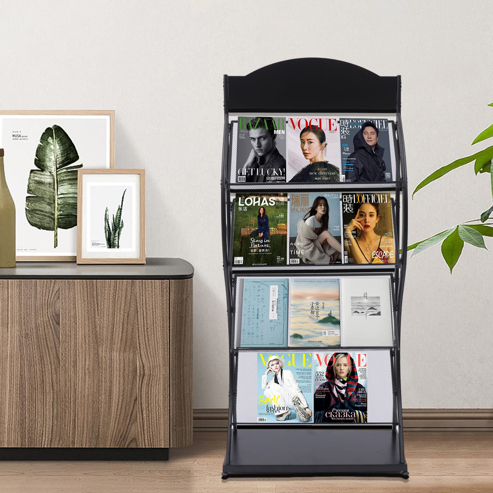 4-Tier Floor Standing Magazine Rack - Large Capacity Newspaper & Book Organizer for Magazines, Periodicals, Newspapers - Perfect for Living Room, Office, Library & Waiting Areas (Black)