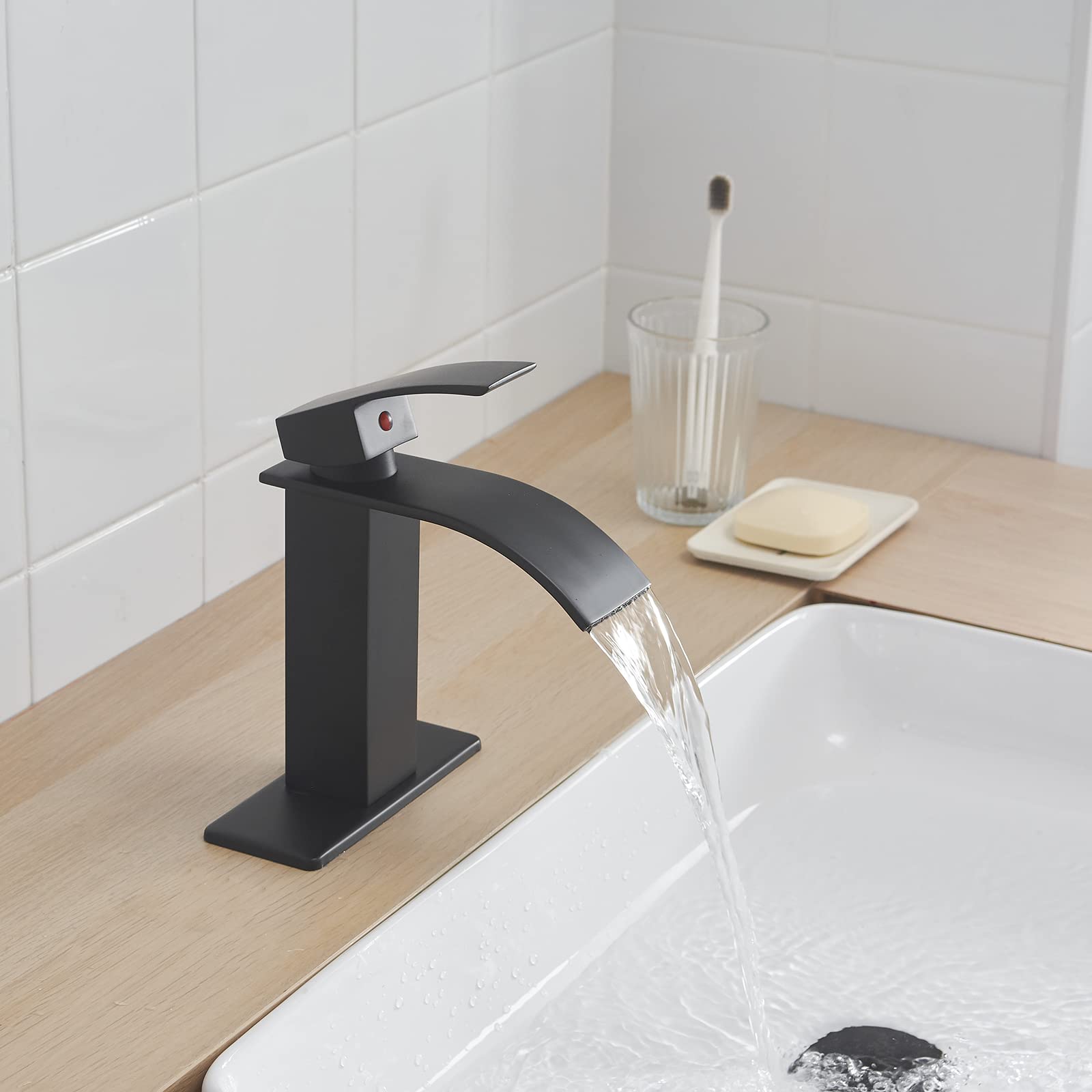 Modern Black Waterfall Bathroom Faucet with Pop-Up Drain - 1 Hole Matte Black Vanity Sink Faucet & Commercial Lavatory Set (Includes Deck Plate & Supply Hose) - Perfect for Home, Hotel, and Restaurant Bathrooms