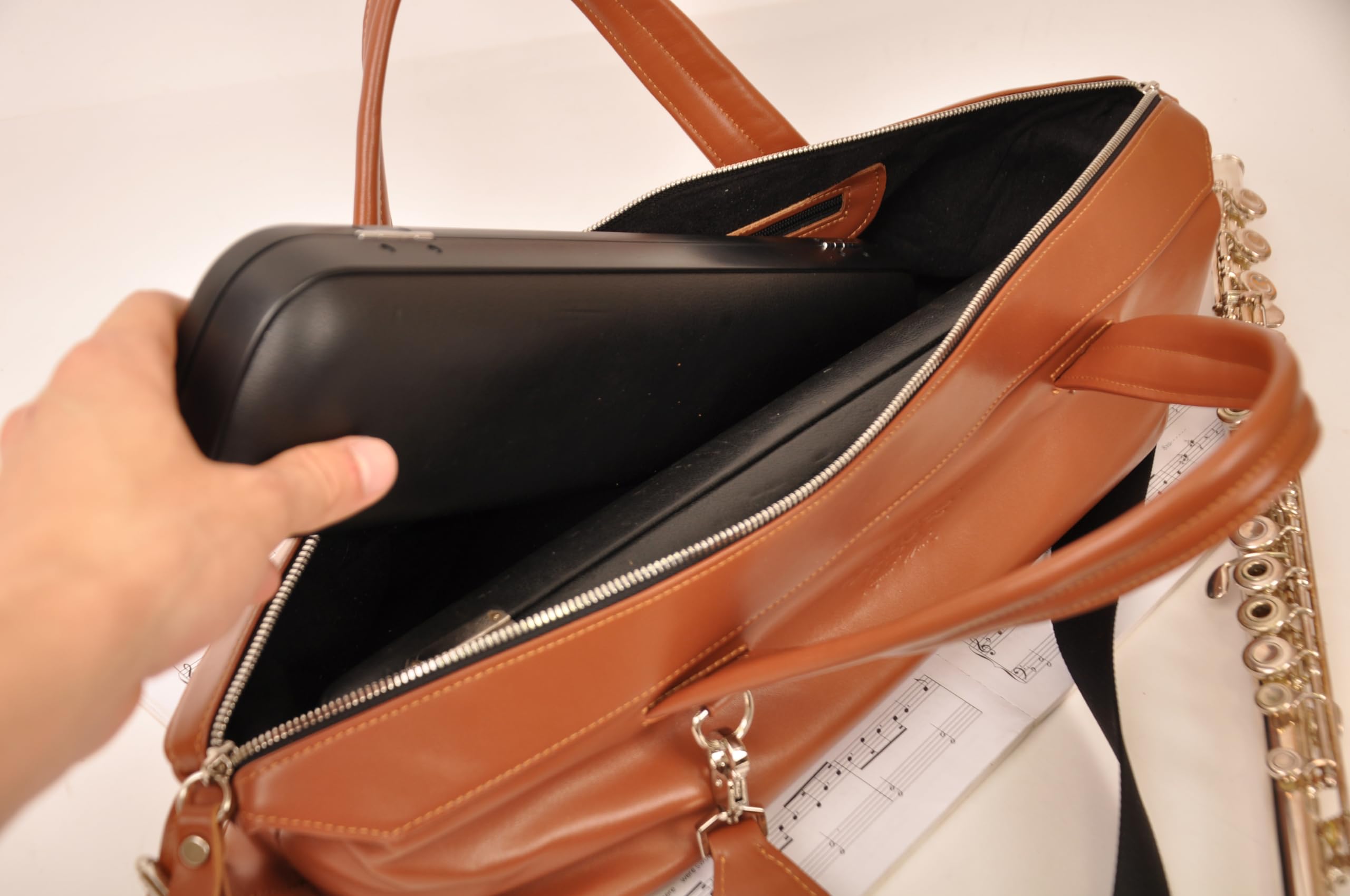 Premium Flute Gig Bag - Genuine Detroit Leather Pouch Case with Modern Design (Flexible, Brown) for Musicians & Music Students - Perfect for School, Practice & Performances