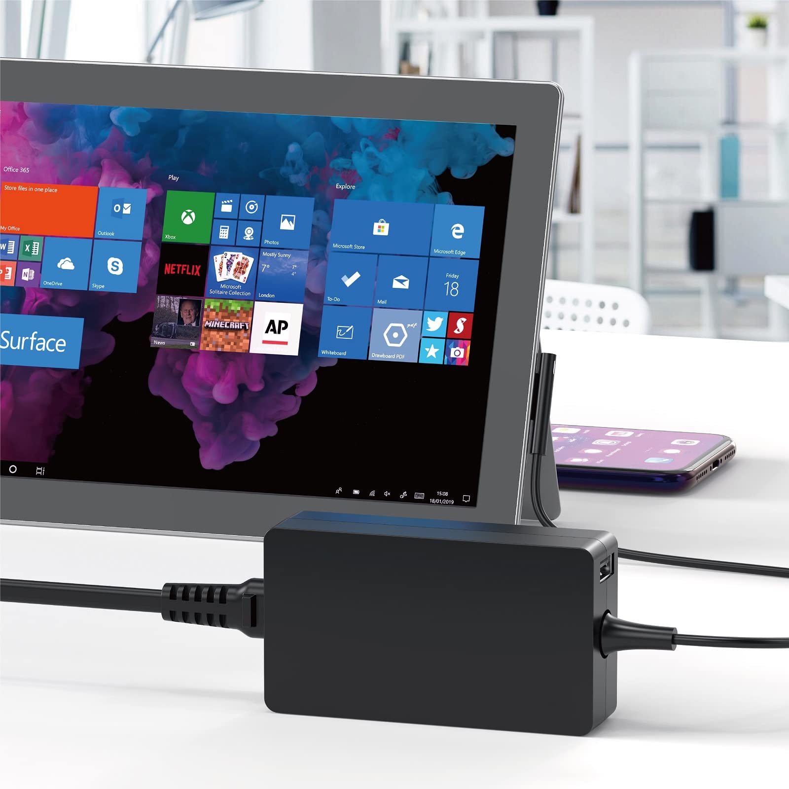 Original Microsoft Surface Pro Charger 65W - Compatible with Surface Pro X/8/7/6/5/4/3, Surface Go 3/2/1, Surface Laptop 3/2/1, Surface Book 2/1 - Fast Charging Power Adapter with Power Cord - Perfect for Home, Office & Travel Use