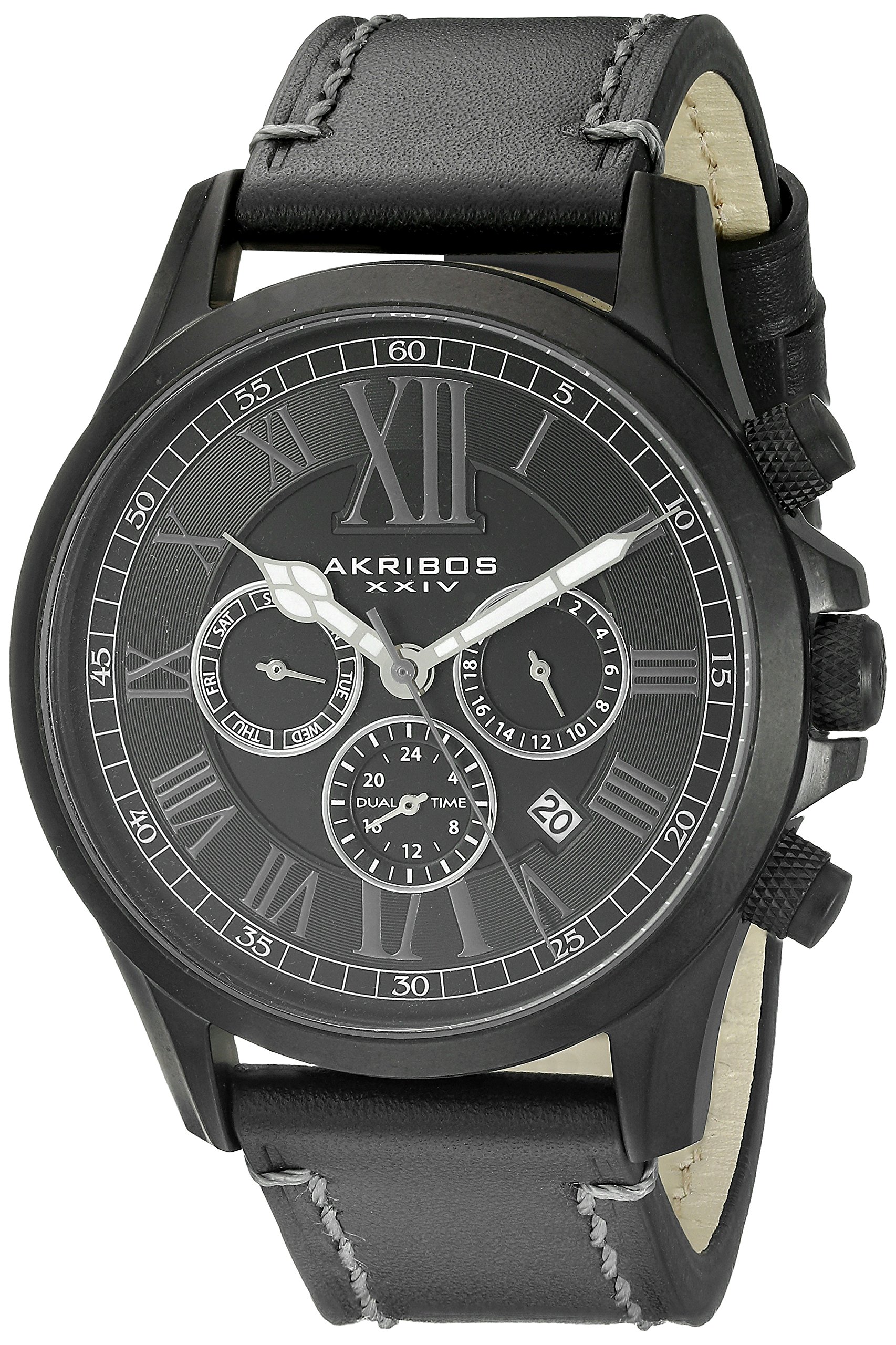 Akribos XXIV Men's Multifunction Chronograph Watch with 3 Subdials & Date Display - Engraved Concentric Circles Dial & Roman Numerals on Genuine Leather Strap - Perfect for Business, Casual & Formal Occasions - AK897