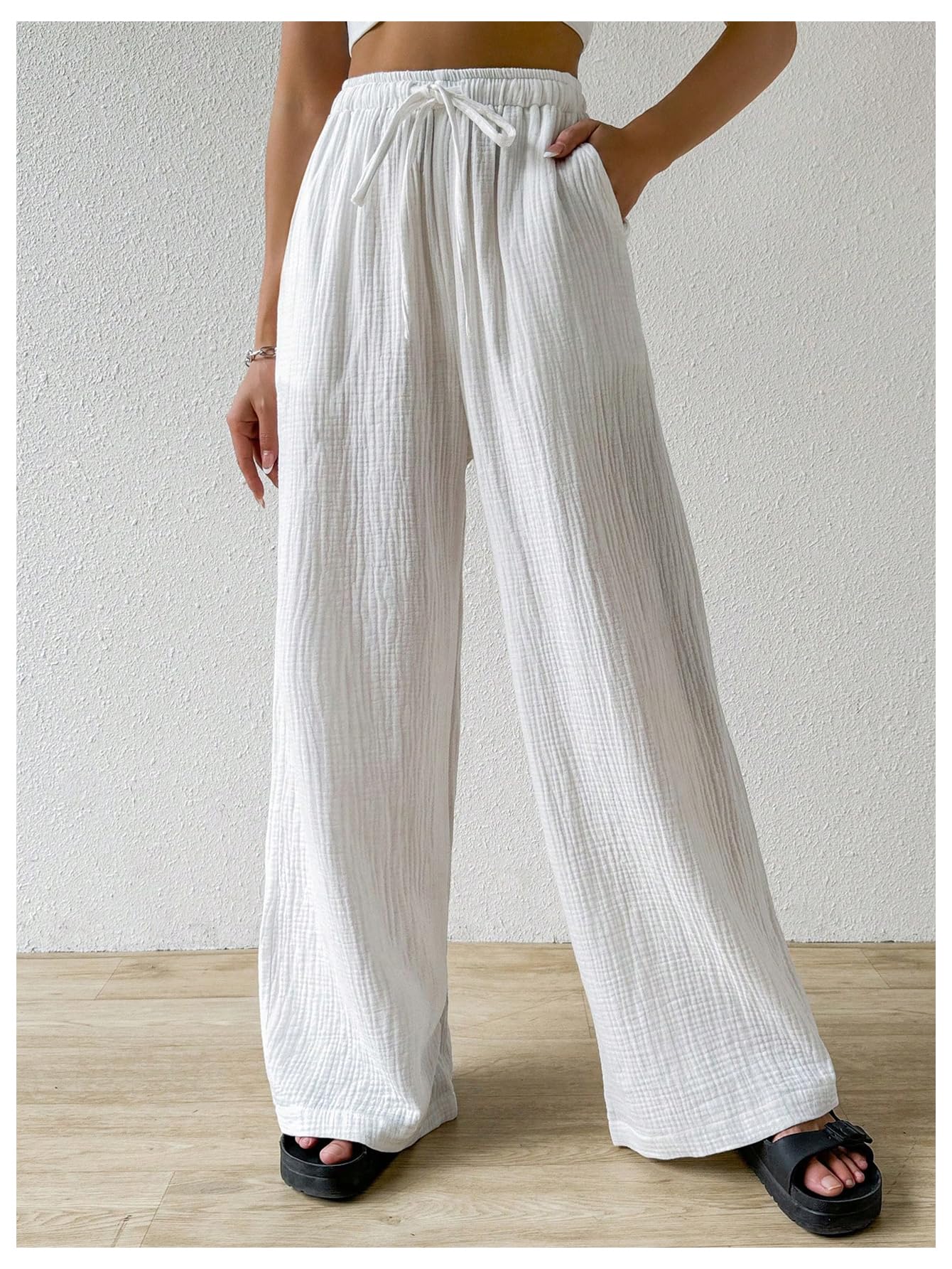 MakeMeChic Women's Casual Drawstring Elastic High Waist Loose Baggy Wide Leg Pants - Comfortable Lounge Pants for Yoga, Travel & Everyday Wear