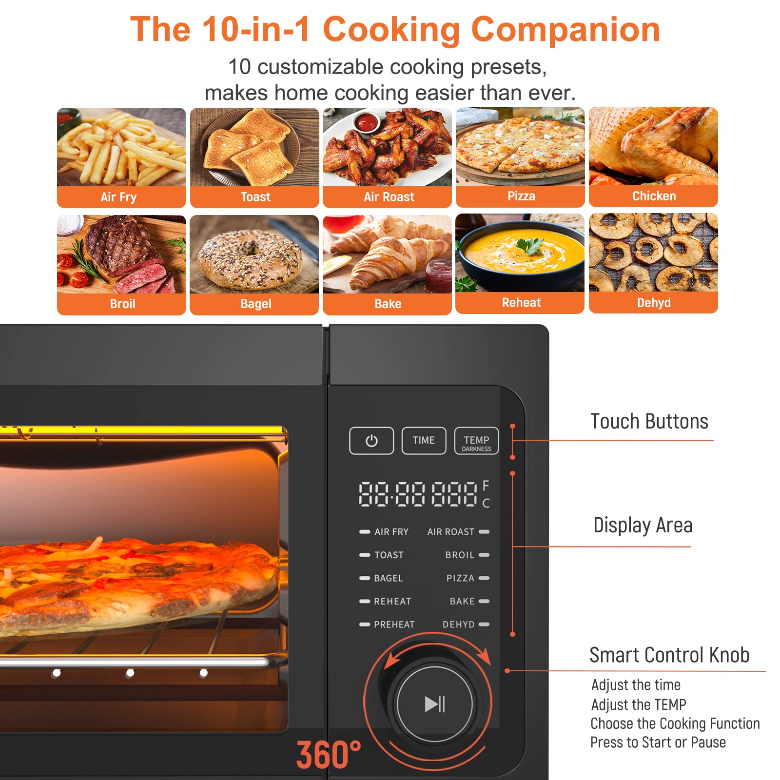 Fabuletta 10-in-1 Air Fryer Toaster Oven Combo - 1800W Countertop Convection Oven with Flip-Up Design for Space Saving | Oil-Free Cooking for 12