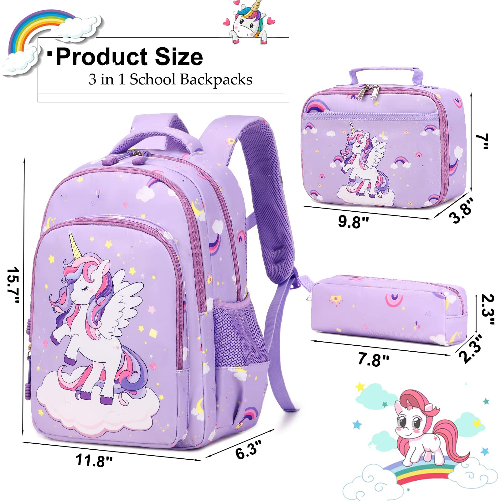 Unicorn Backpack for Girls - 3 in 1 School Bookbag Set with Pencil Case & Lunch Box | Cute Elementary Backpack for Kids | Perfect for School, Travel & Daily Use